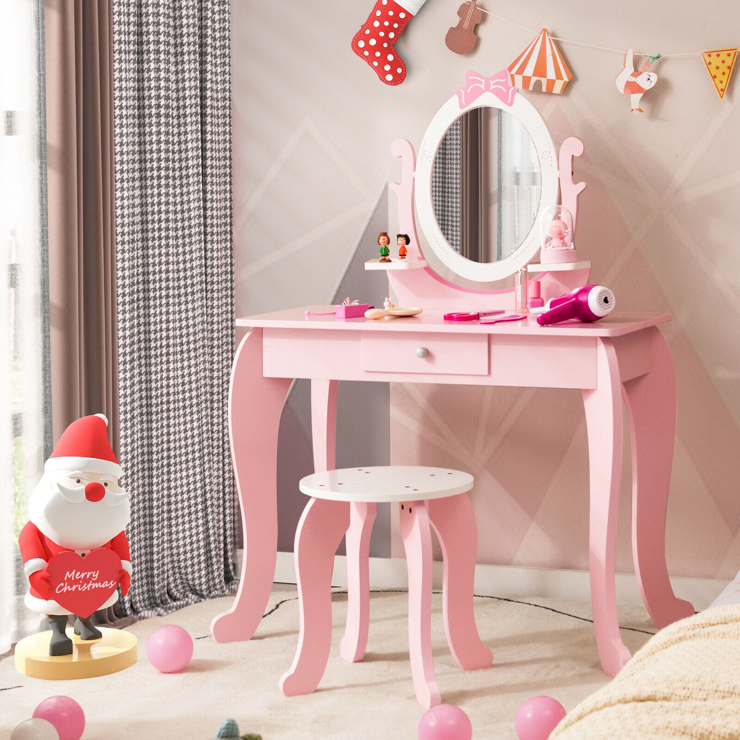 Kid Vanity Table Stool Set with Oval Rotatable Mirror-Pink Kids Crystal