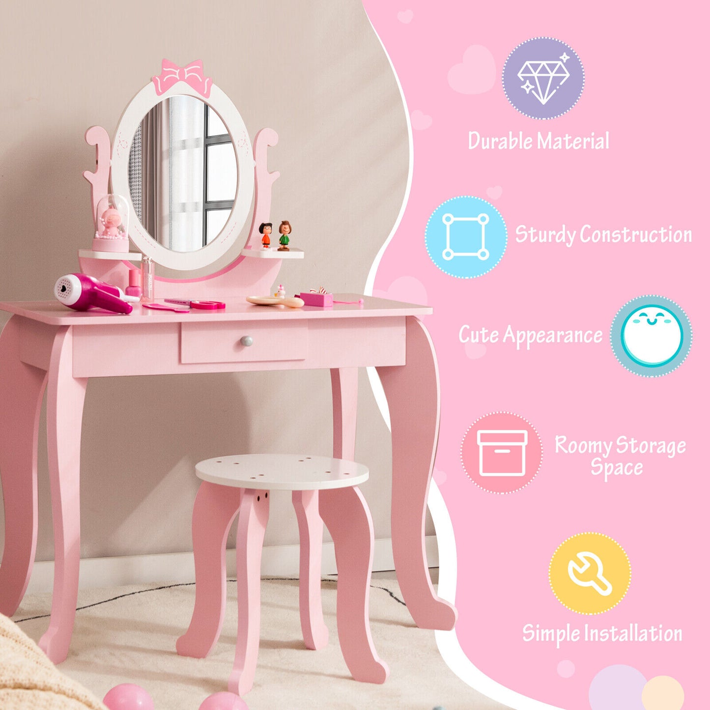 Kid Vanity Table Stool Set with Oval Rotatable Mirror-Pink Kids Crystal