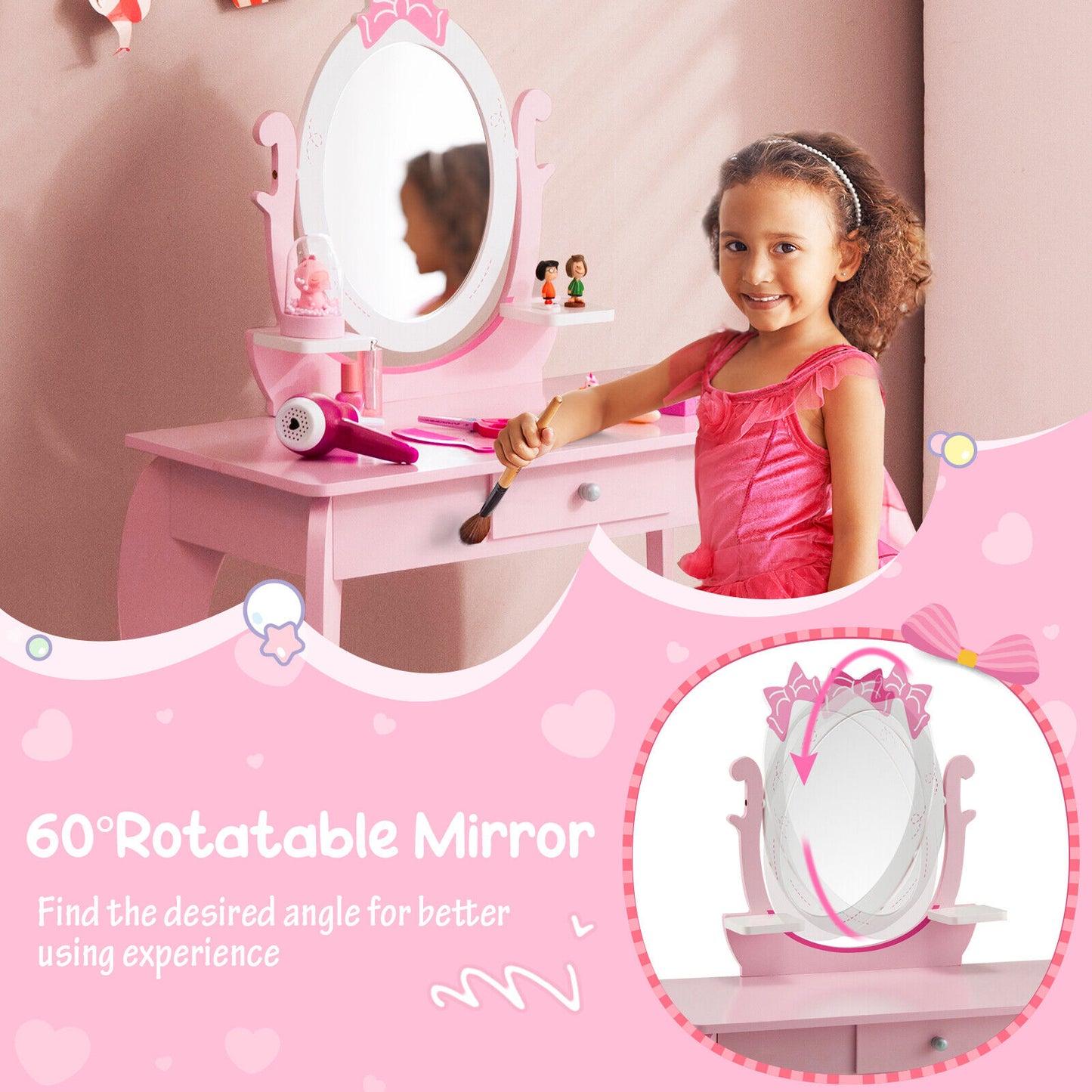 Kid Vanity Table Stool Set with Oval Rotatable Mirror-Pink Kids Crystal