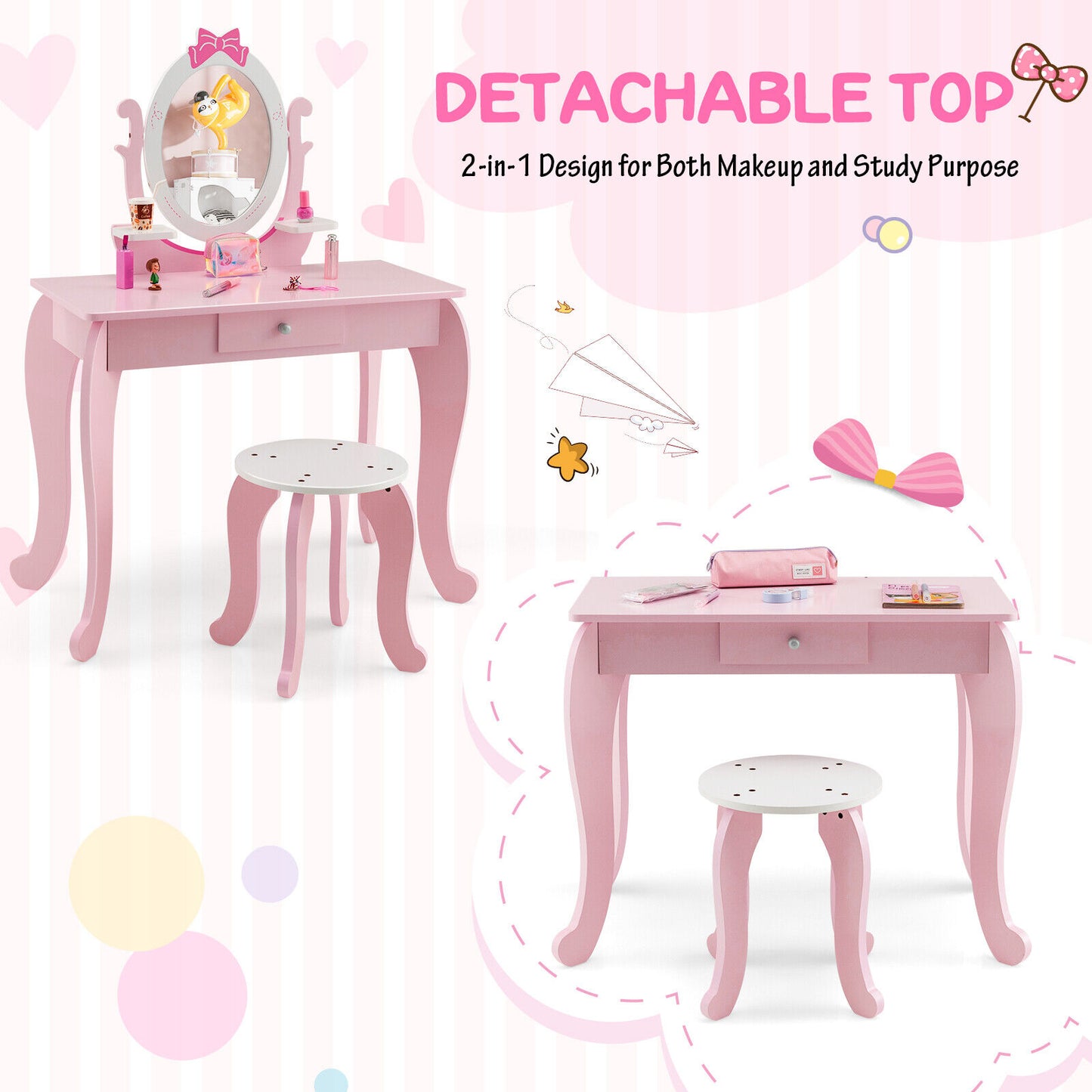 Kid Vanity Table Stool Set with Oval Rotatable Mirror-Pink Kids Crystal