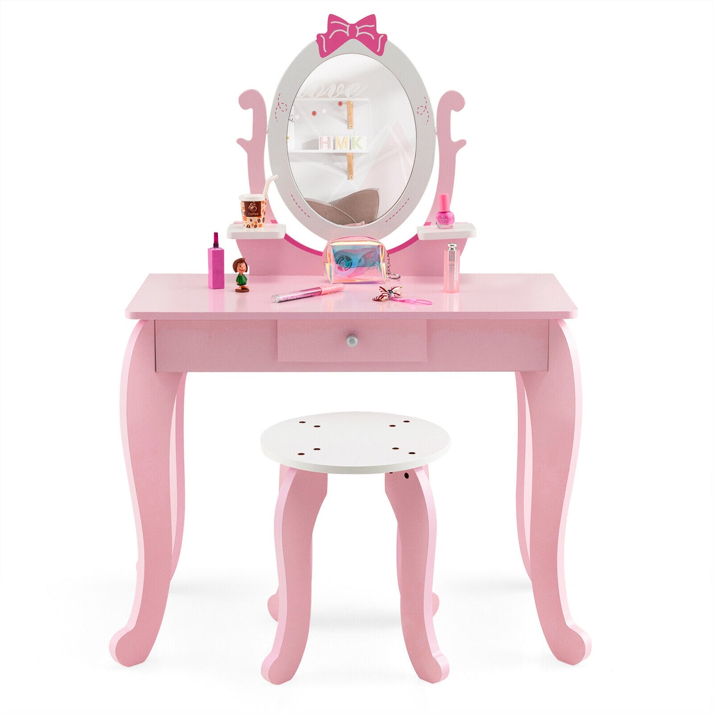 Kid Vanity Table Stool Set with Oval Rotatable Mirror-Pink Kids Crystal