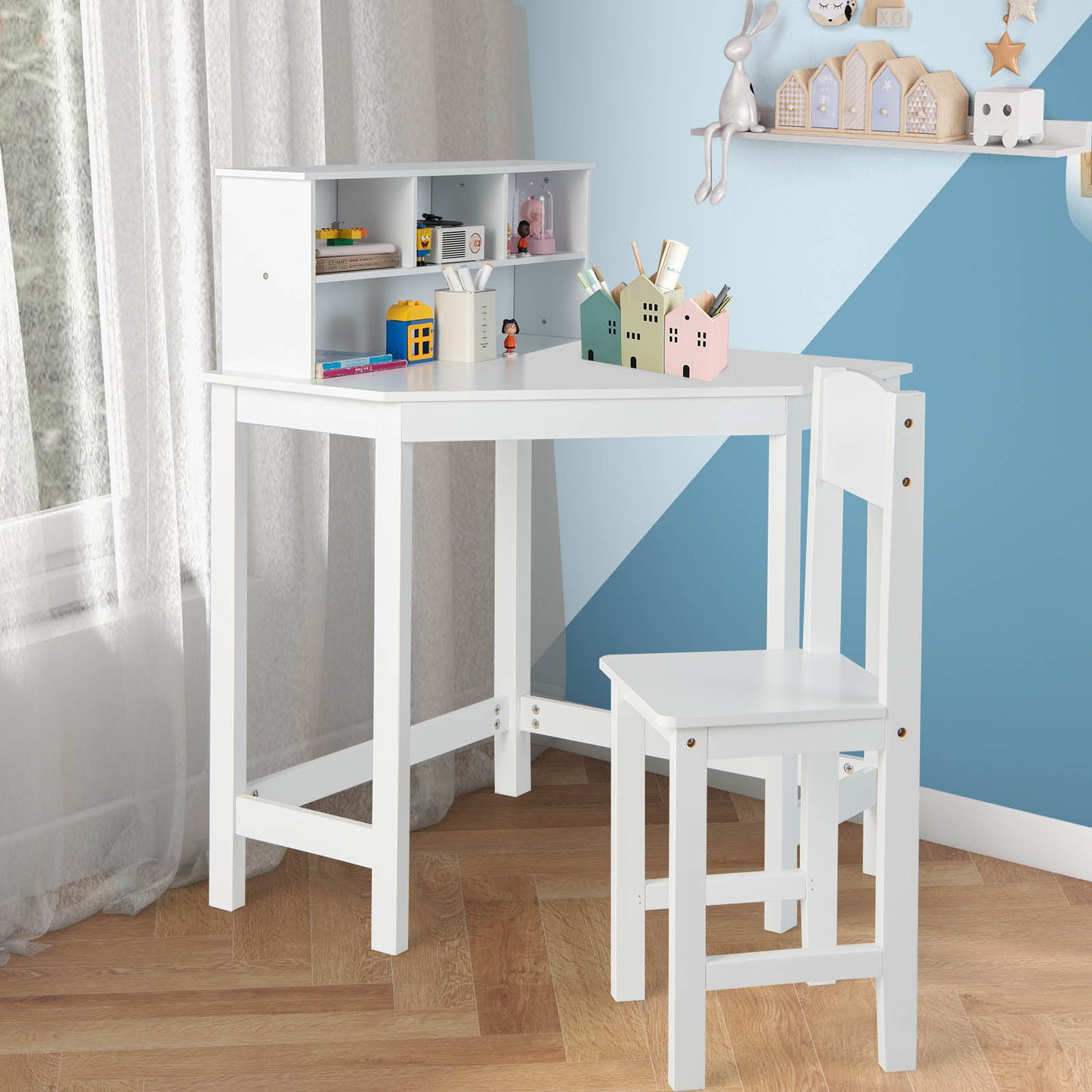 Kids Wooden Corner Desk and Chair Set with Hutch and Storage-White Kids Crystal