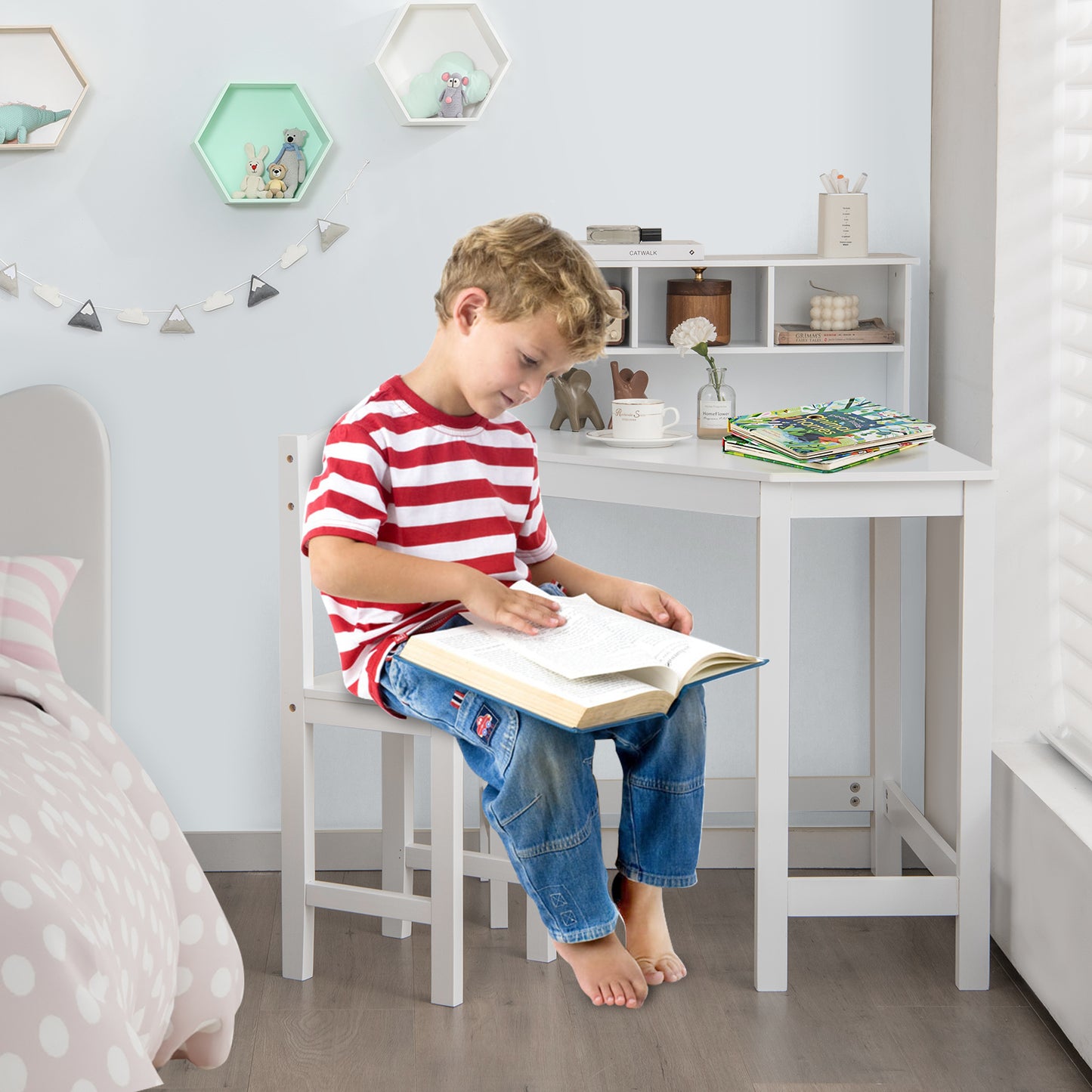 Kids Wooden Corner Desk and Chair Set with Hutch and Storage-White Kids Crystal