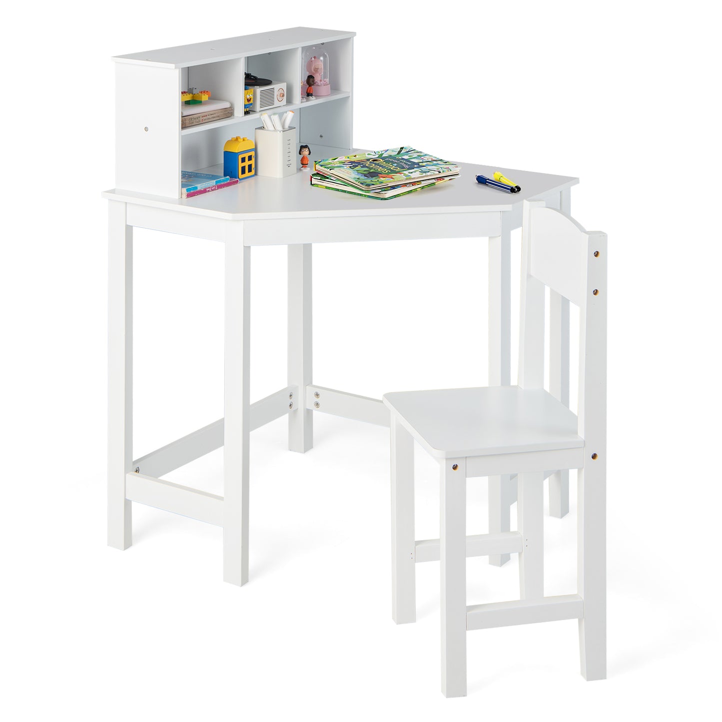 Kids Wooden Corner Desk and Chair Set with Hutch and Storage-White Kids Crystal