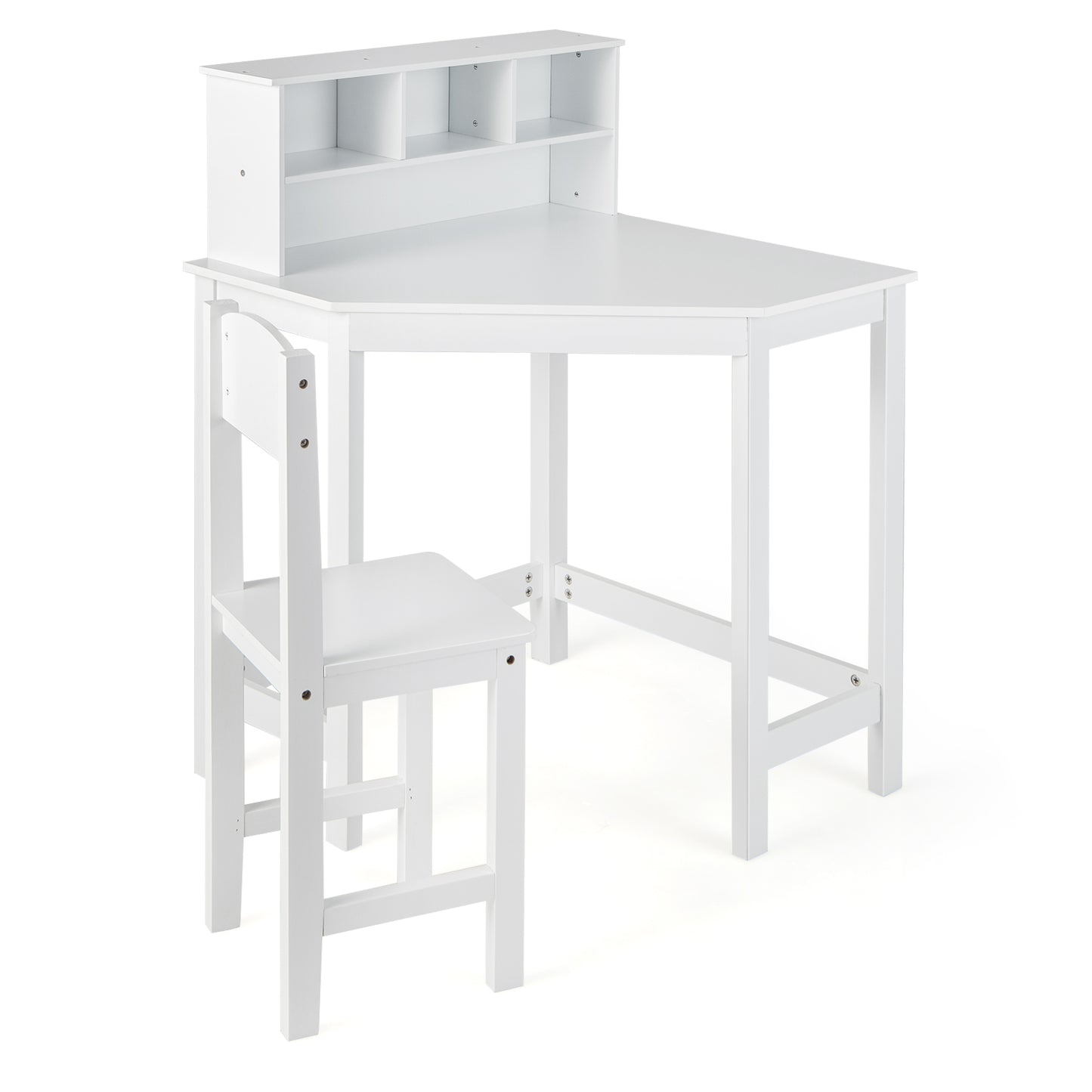 Kids Wooden Corner Desk and Chair Set with Hutch and Storage-White Kids Crystal