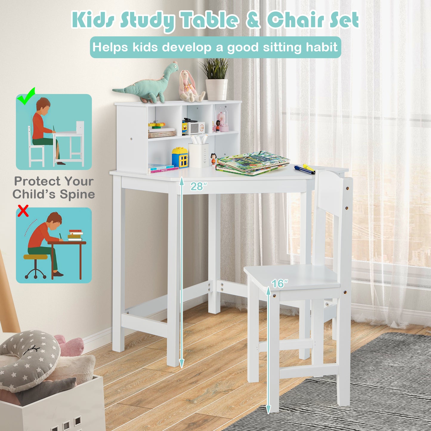 Kids Wooden Corner Desk and Chair Set with Hutch and Storage-White Kids Crystal