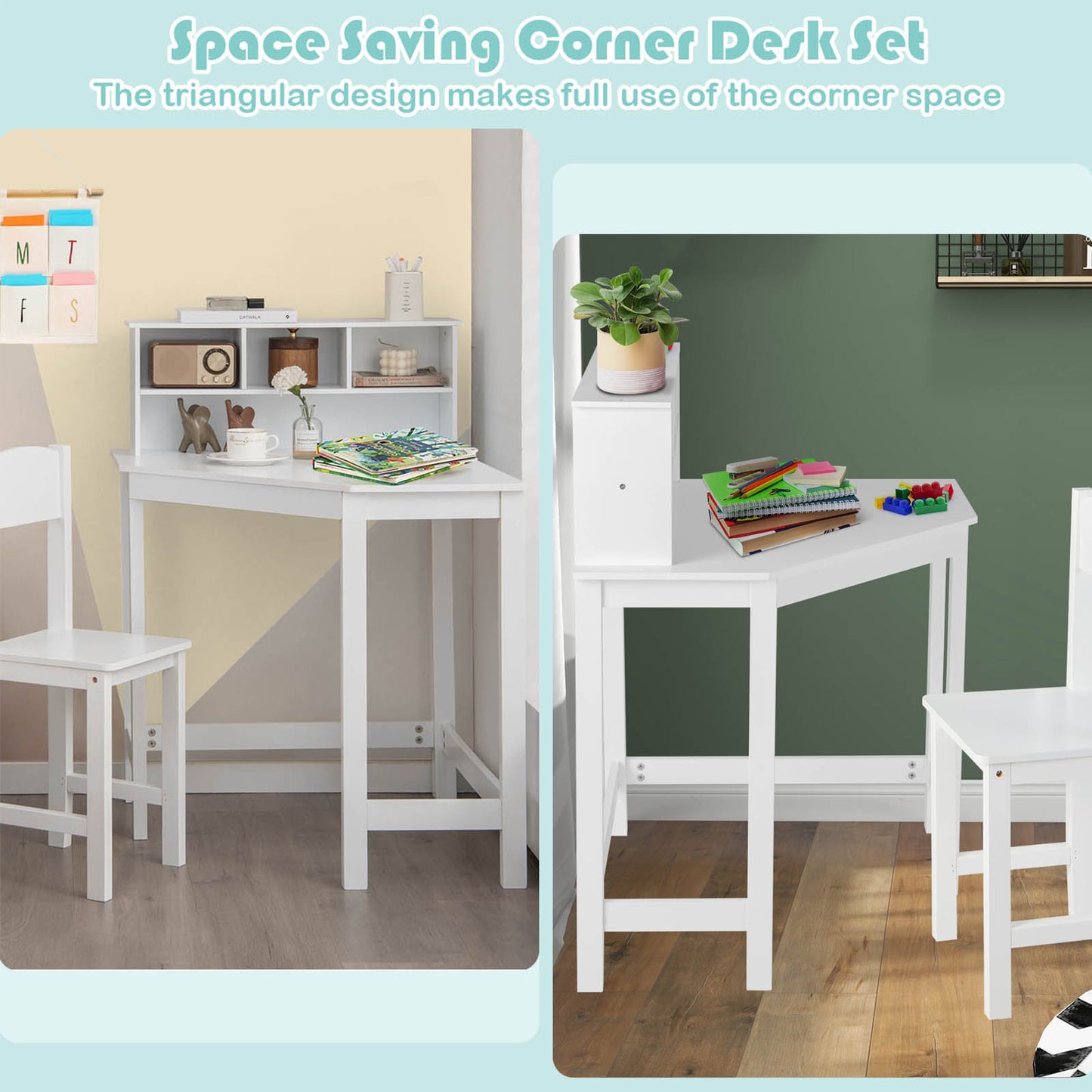 Kids Wooden Corner Desk and Chair Set with Hutch and Storage-White Kids Crystal