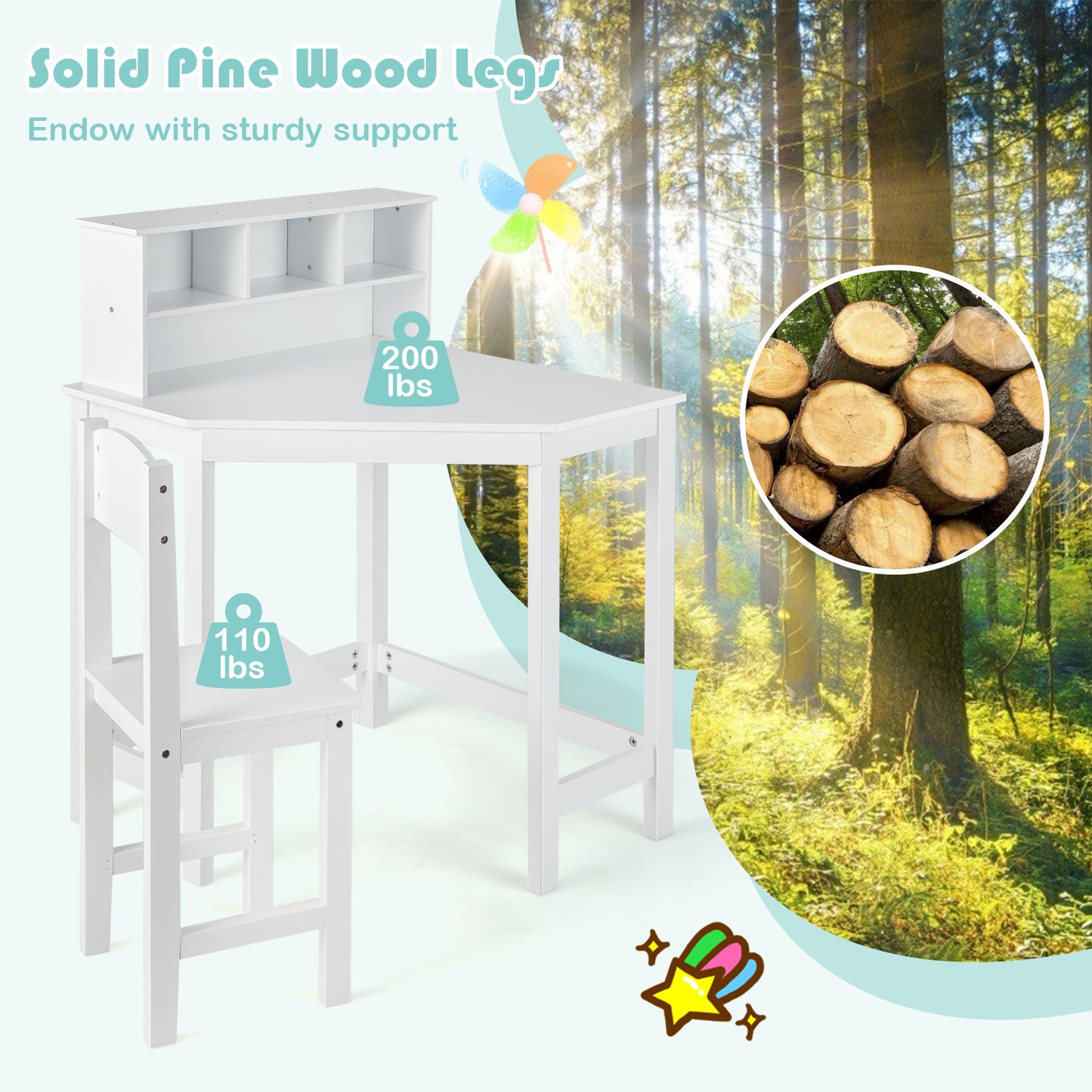Kids Wooden Corner Desk and Chair Set with Hutch and Storage-White Kids Crystal
