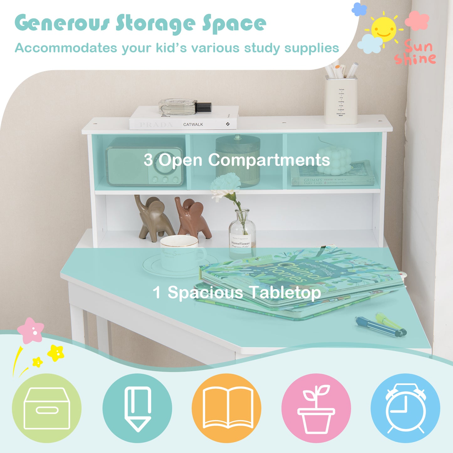 Kids Wooden Corner Desk and Chair Set with Hutch and Storage-White Kids Crystal