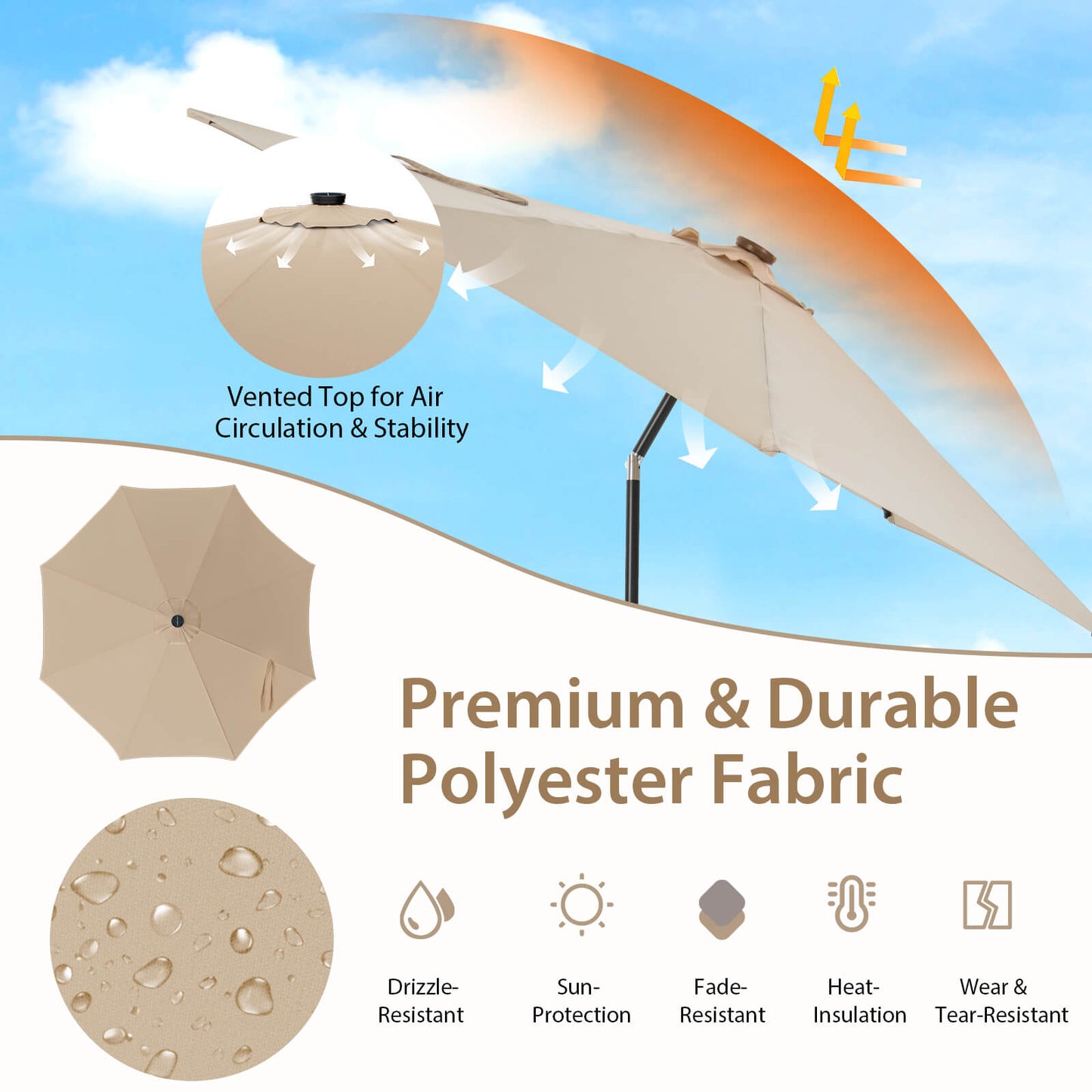10 Feet Patio Umbrella with 112 Solar Lights and Crank Handle-Beige Kids Crystal