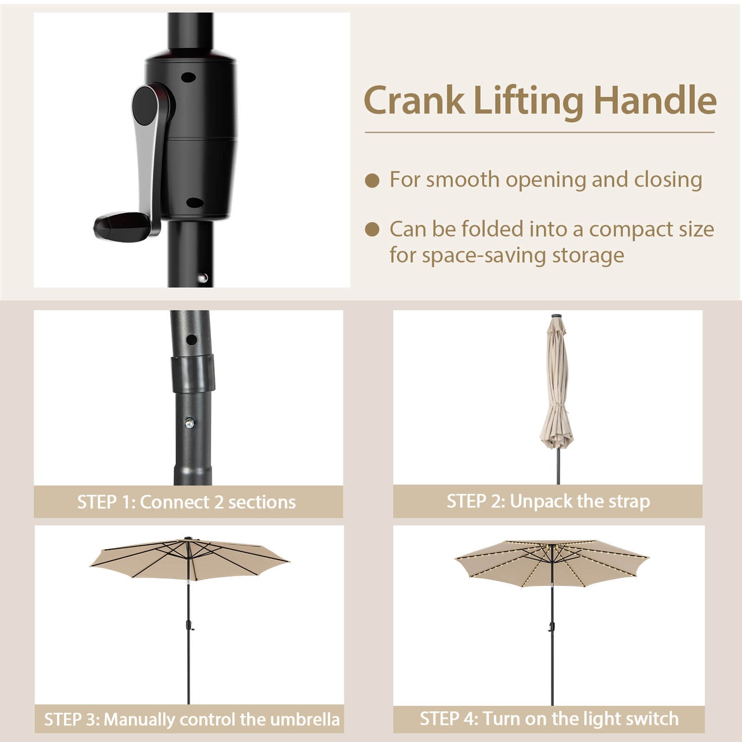 10 Feet Patio Umbrella with 112 Solar Lights and Crank Handle-Beige Kids Crystal