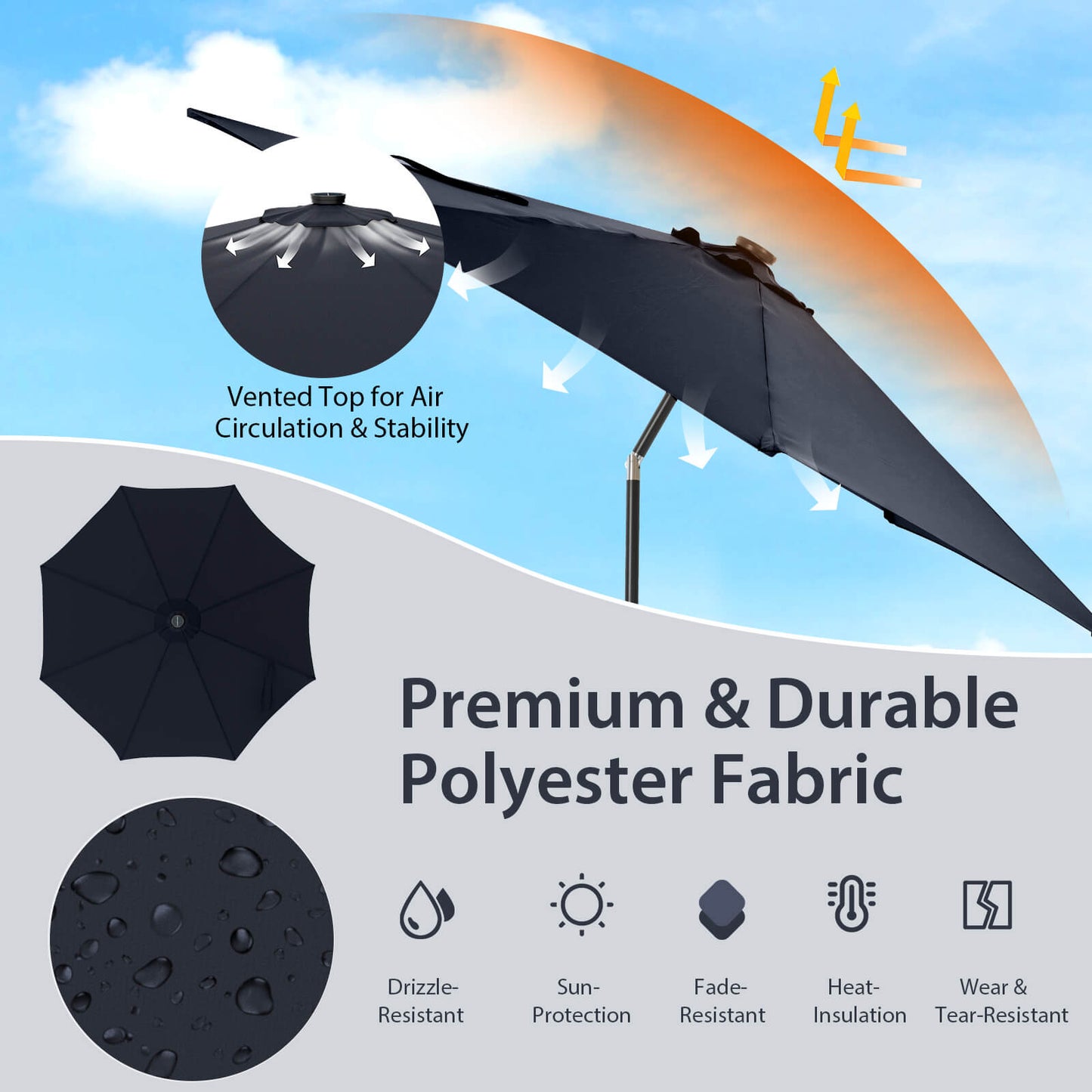 10 Feet Patio Umbrella with 112 Solar Lights and Crank Handle-Navy Kids Crystal