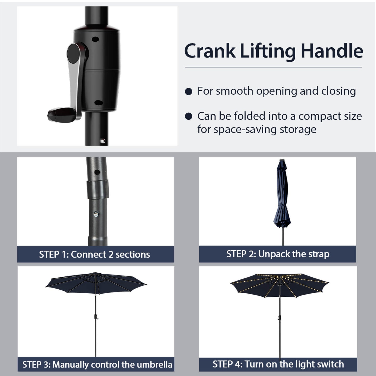10 Feet Patio Umbrella with 112 Solar Lights and Crank Handle-Navy Kids Crystal