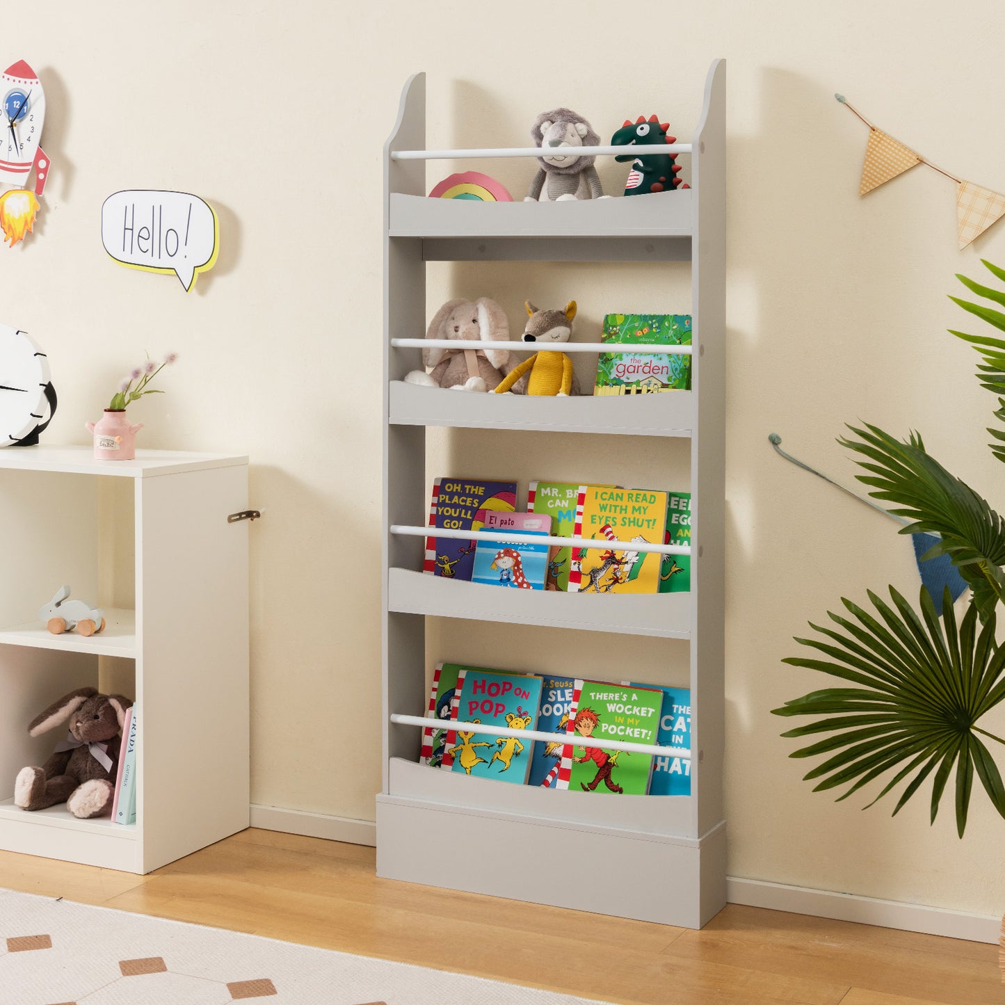 4-Tier Bookshelf with 2 Anti-Tipping Kits for Books and Magazines-Gray Kids Crystal