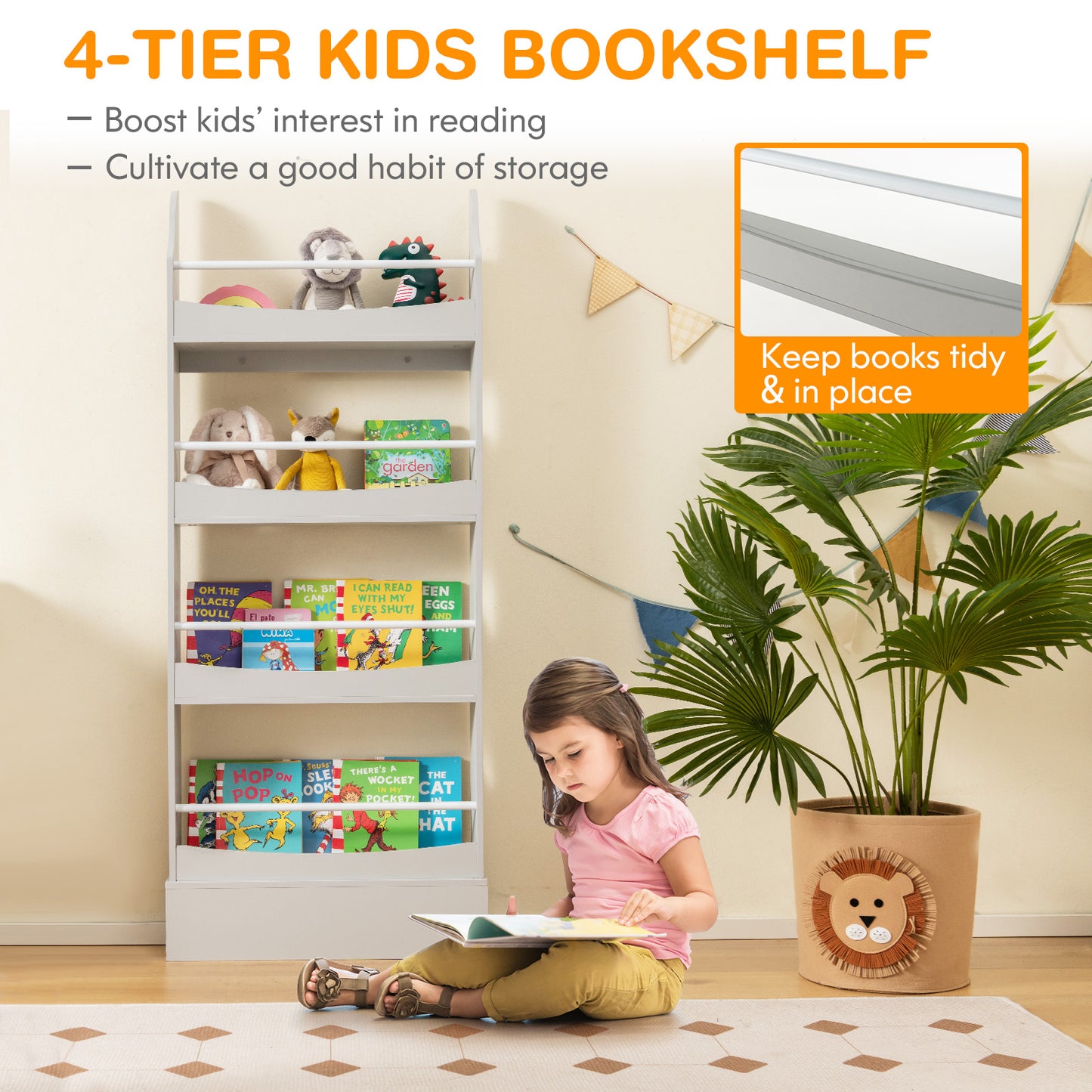 4-Tier Bookshelf with 2 Anti-Tipping Kits for Books and Magazines-Gray Kids Crystal