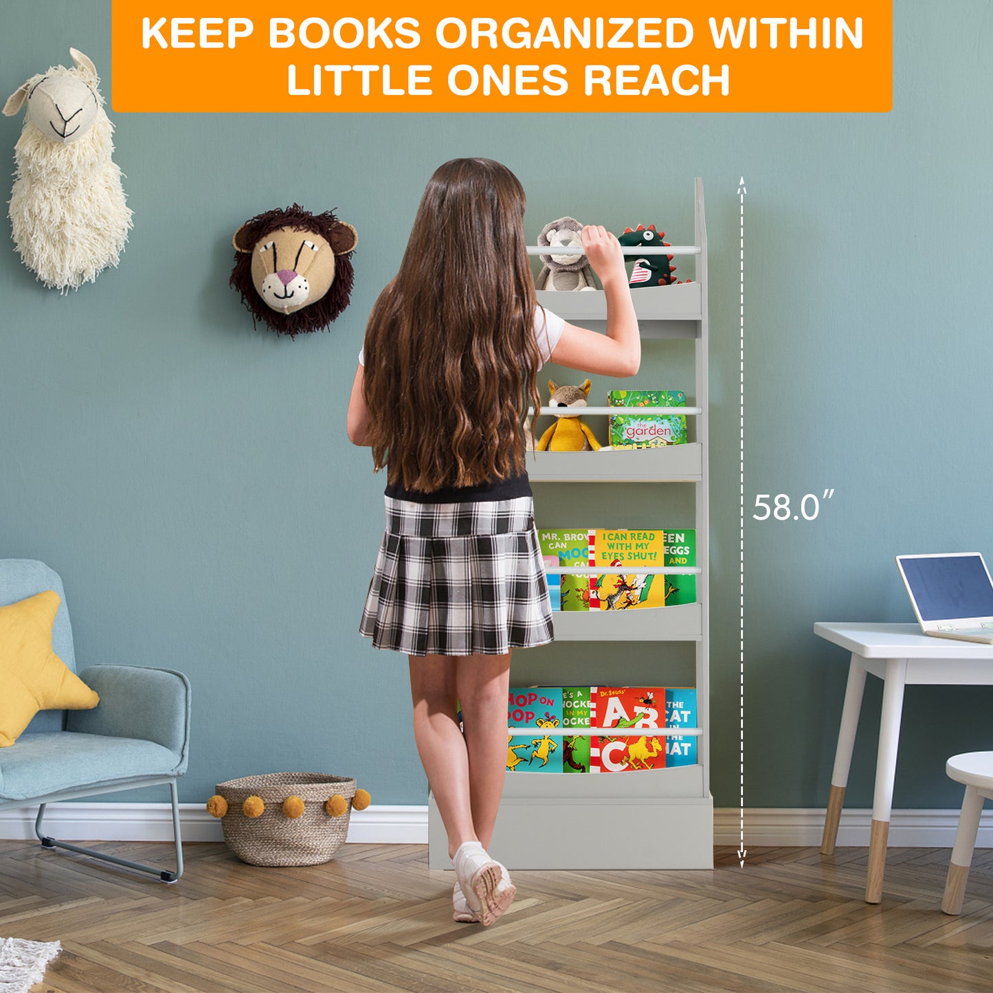 4-Tier Bookshelf with 2 Anti-Tipping Kits for Books and Magazines-Gray Kids Crystal