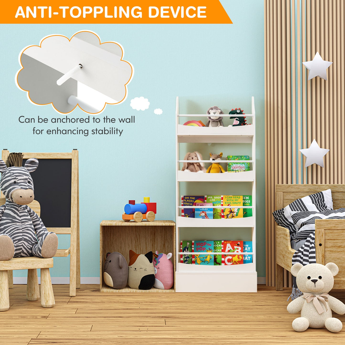 4-Tier Bookshelf with 2 Anti-Tipping Kits for Books and Magazines-White Kids Crystal