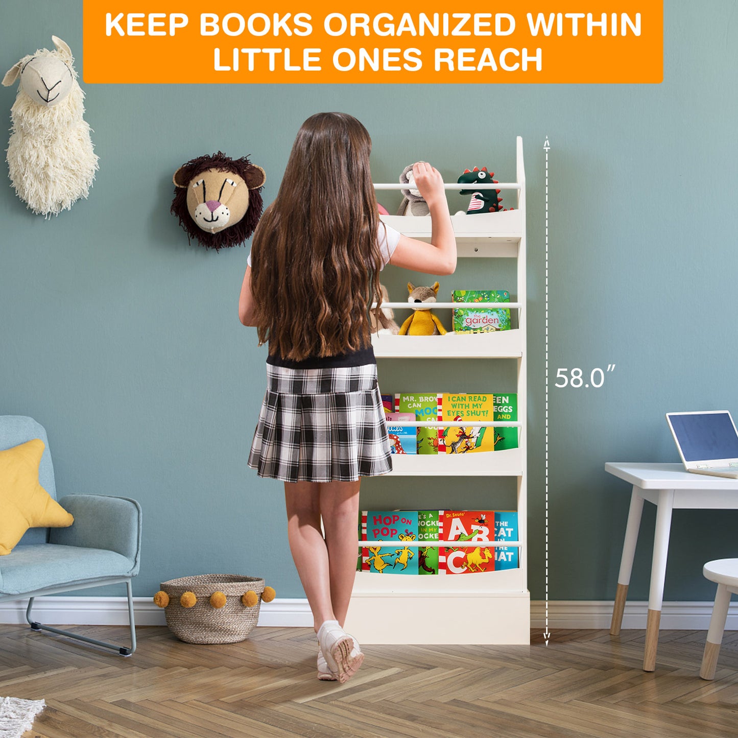 4-Tier Bookshelf with 2 Anti-Tipping Kits for Books and Magazines-White Kids Crystal