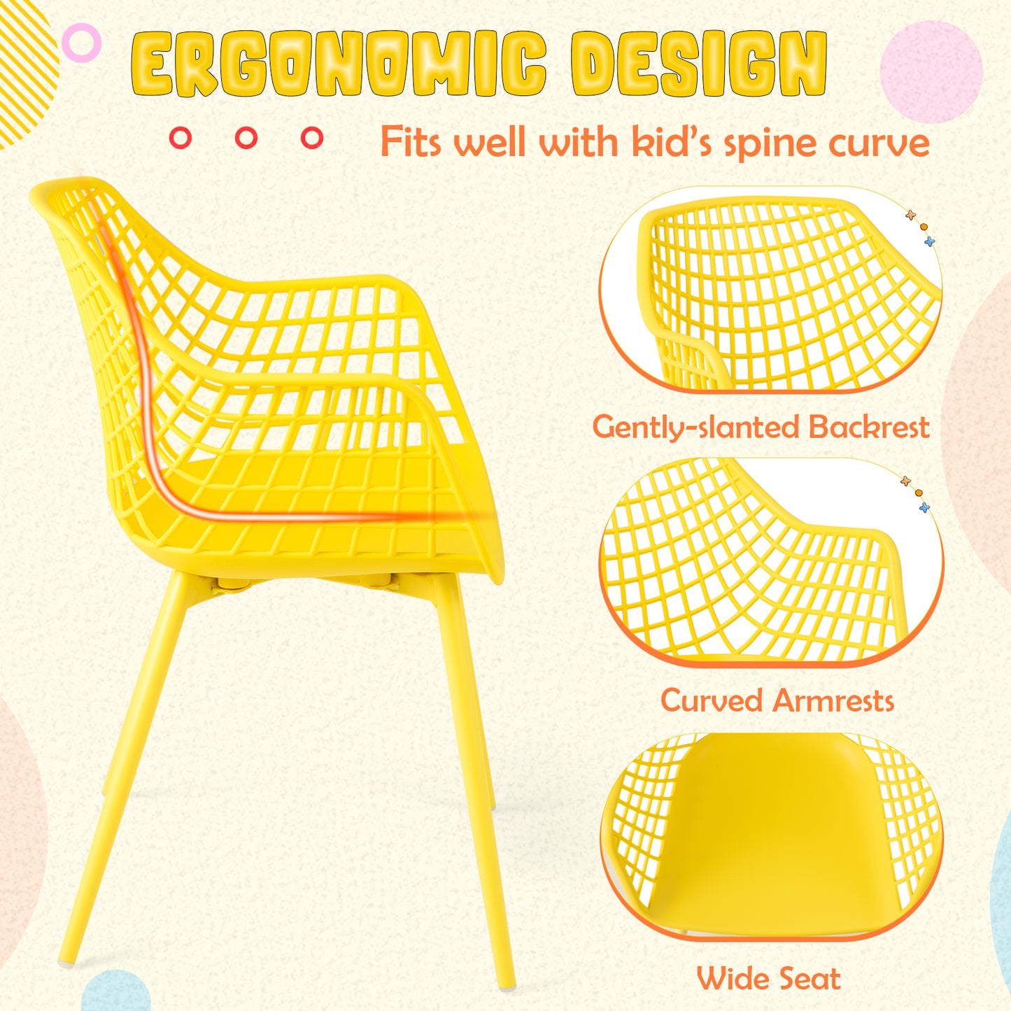 4 Pieces Kids Chairs with Curved Backrest and Ergonomic Armrests