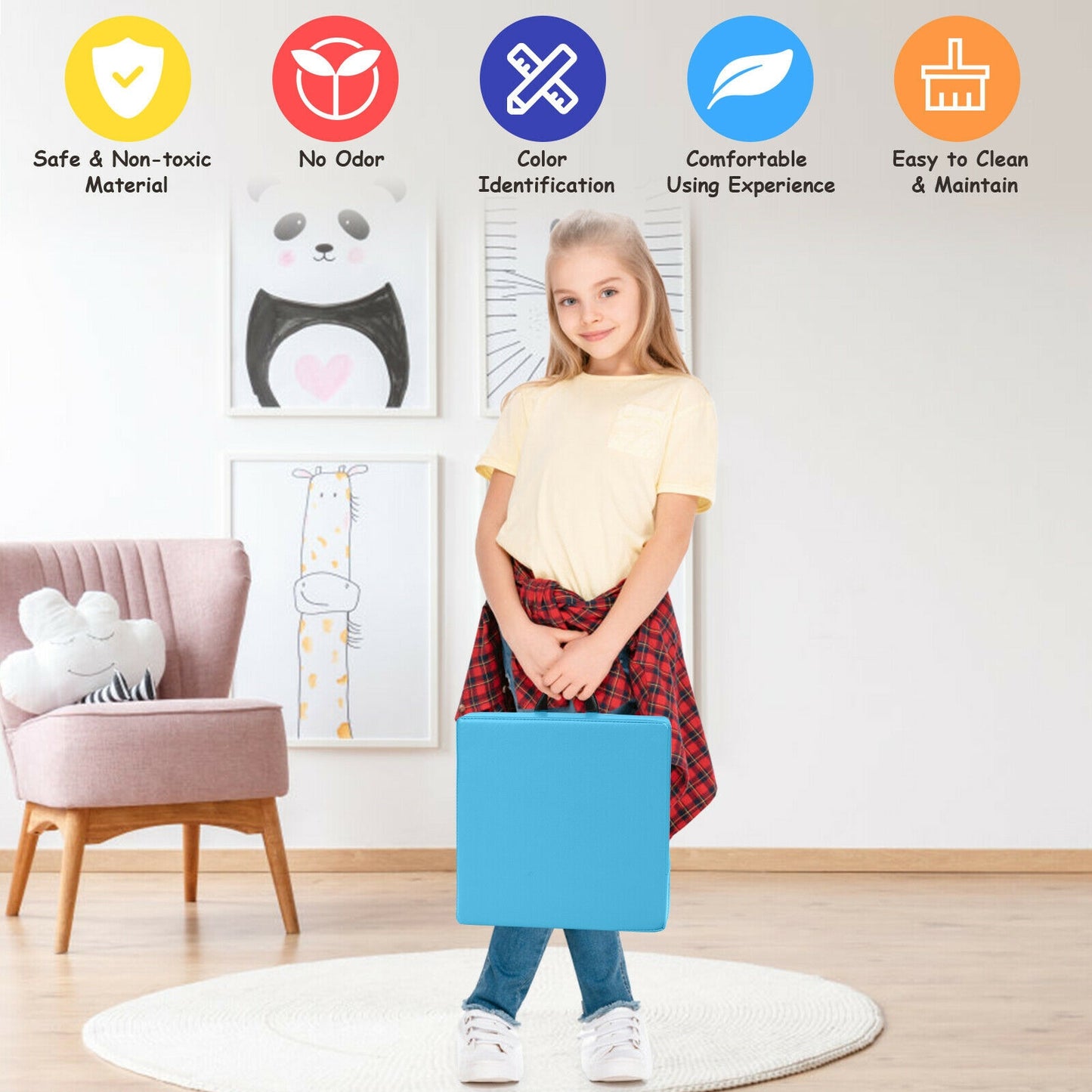 6 Pieces 15 Inches Square Toddler Floor Cushions Flexible Soft Foam Seating with Handles-Blue Kids Crystal