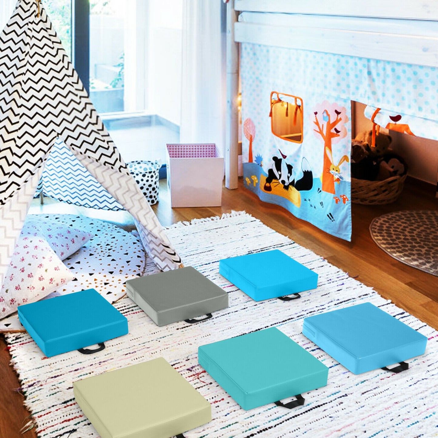 6 Pieces 15 Inches Square Toddler Floor Cushions Flexible Soft Foam Seating with Handles-Blue Kids Crystal