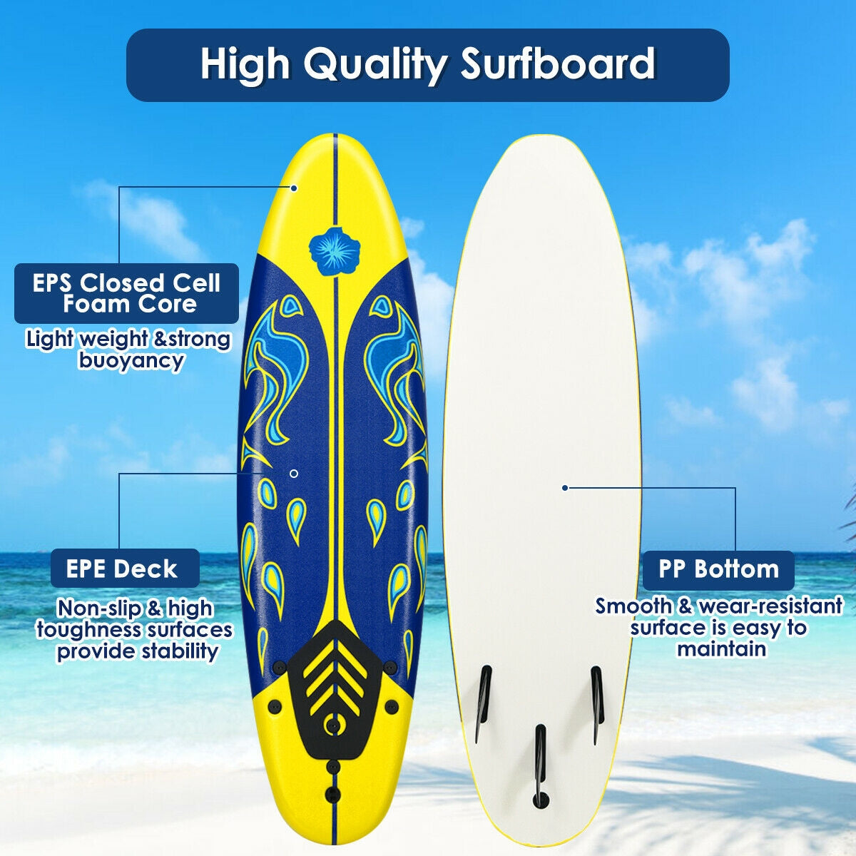 6 Feet Surfboard with 3 Detachable Fins-Yellow Kids Crystal