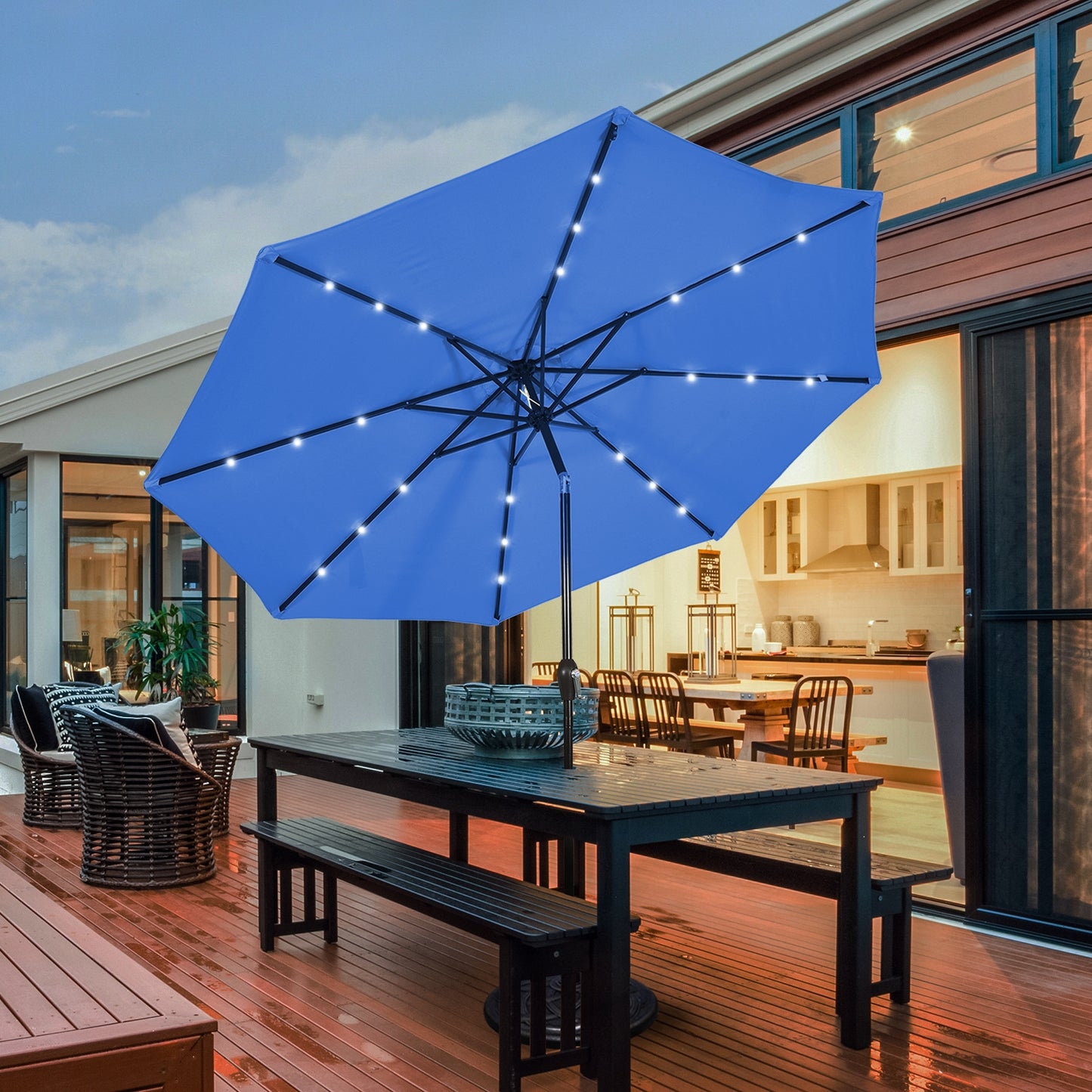 10' Solar LED Lighted Patio Market Umbrella Shade Tilt Adjustment Crank-Blue Kids Crystal