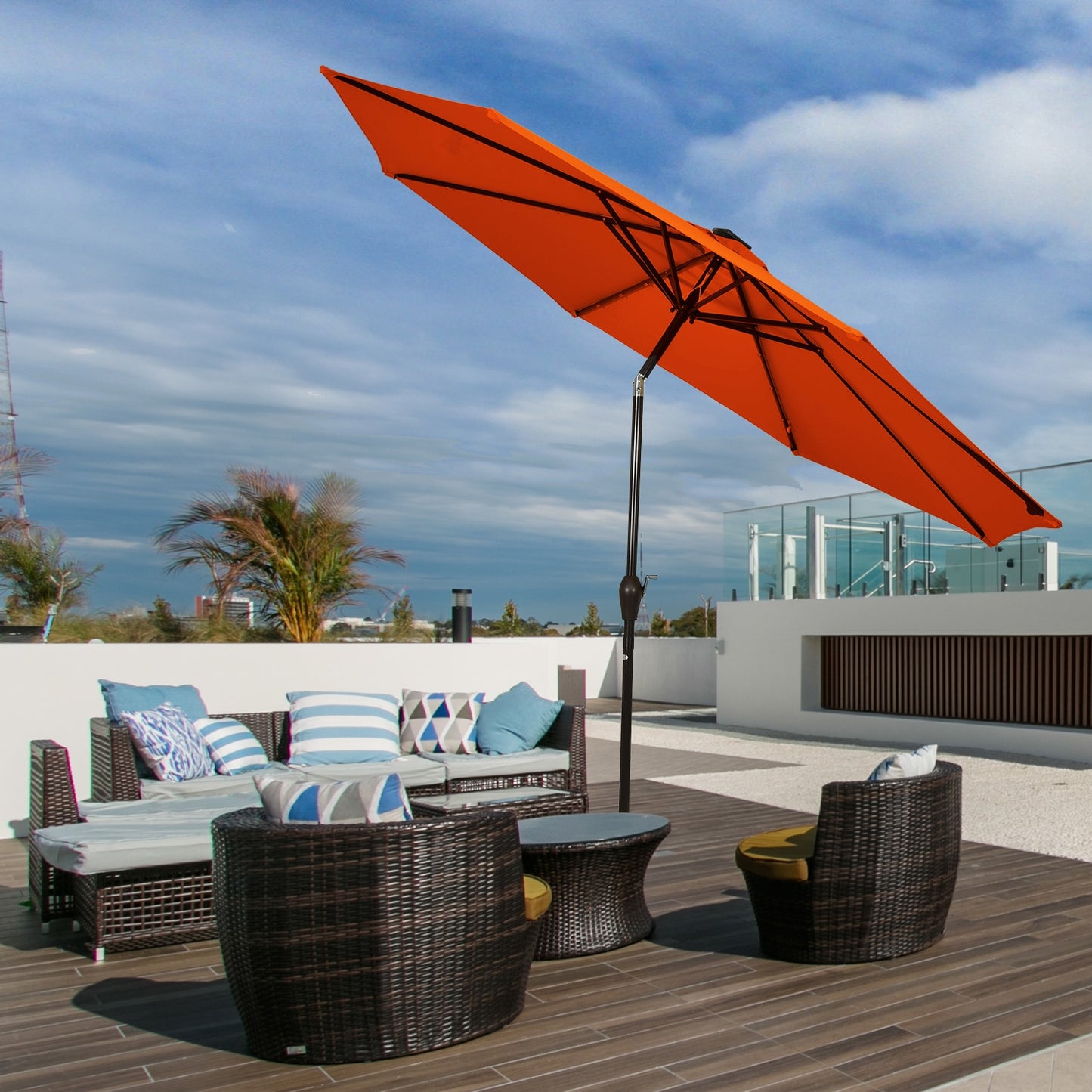 10' Solar LED Lighted Patio Market Umbrella Shade Tilt Adjustment Crank-Orange Kids Crystal