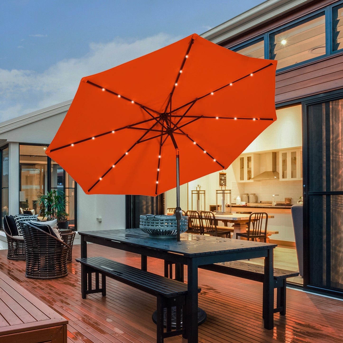 10' Solar LED Lighted Patio Market Umbrella Shade Tilt Adjustment Crank-Orange Kids Crystal