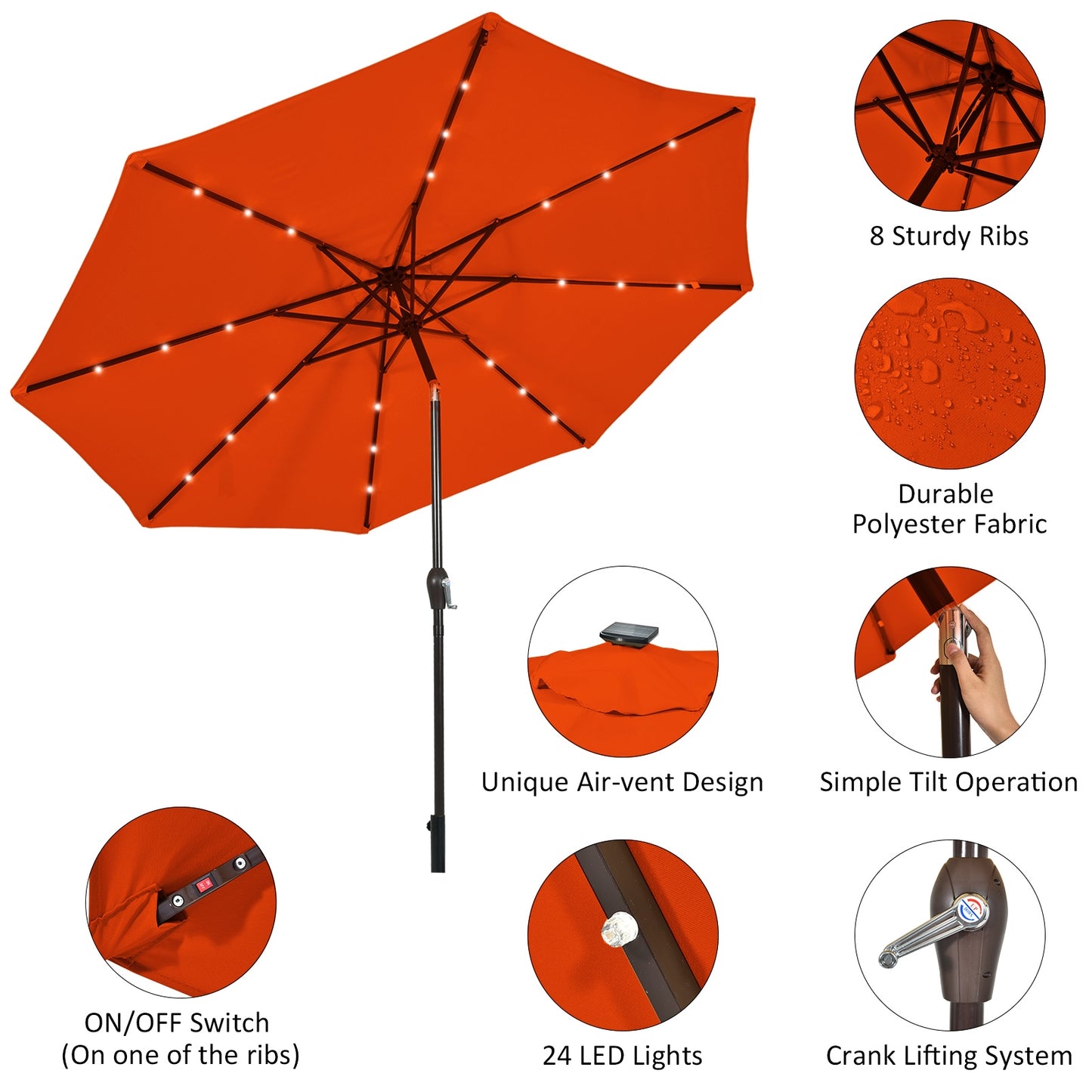 10' Solar LED Lighted Patio Market Umbrella Shade Tilt Adjustment Crank-Orange Kids Crystal