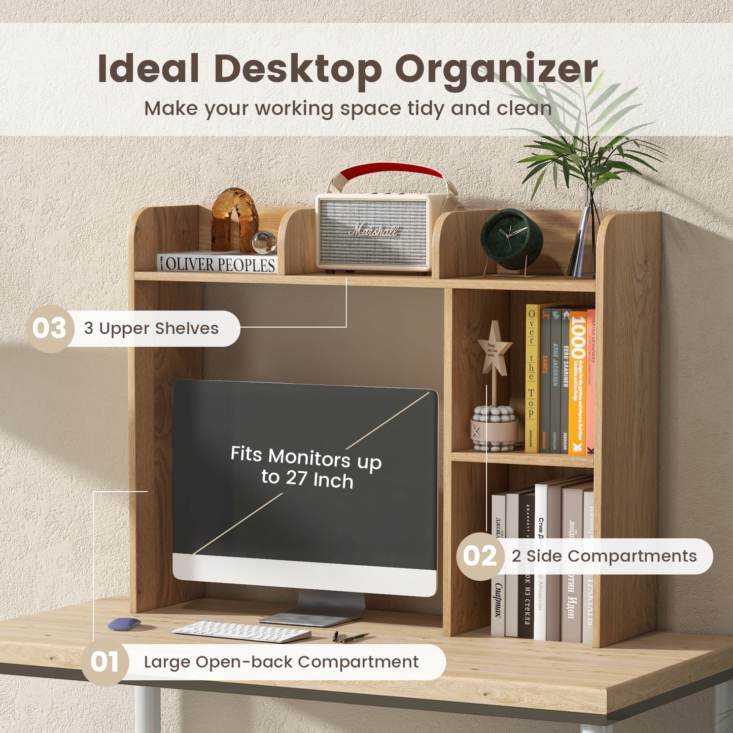 3-Tier Multipurpose Desk Bookshelf with 4 Shelves-Natural Kids Crystal
