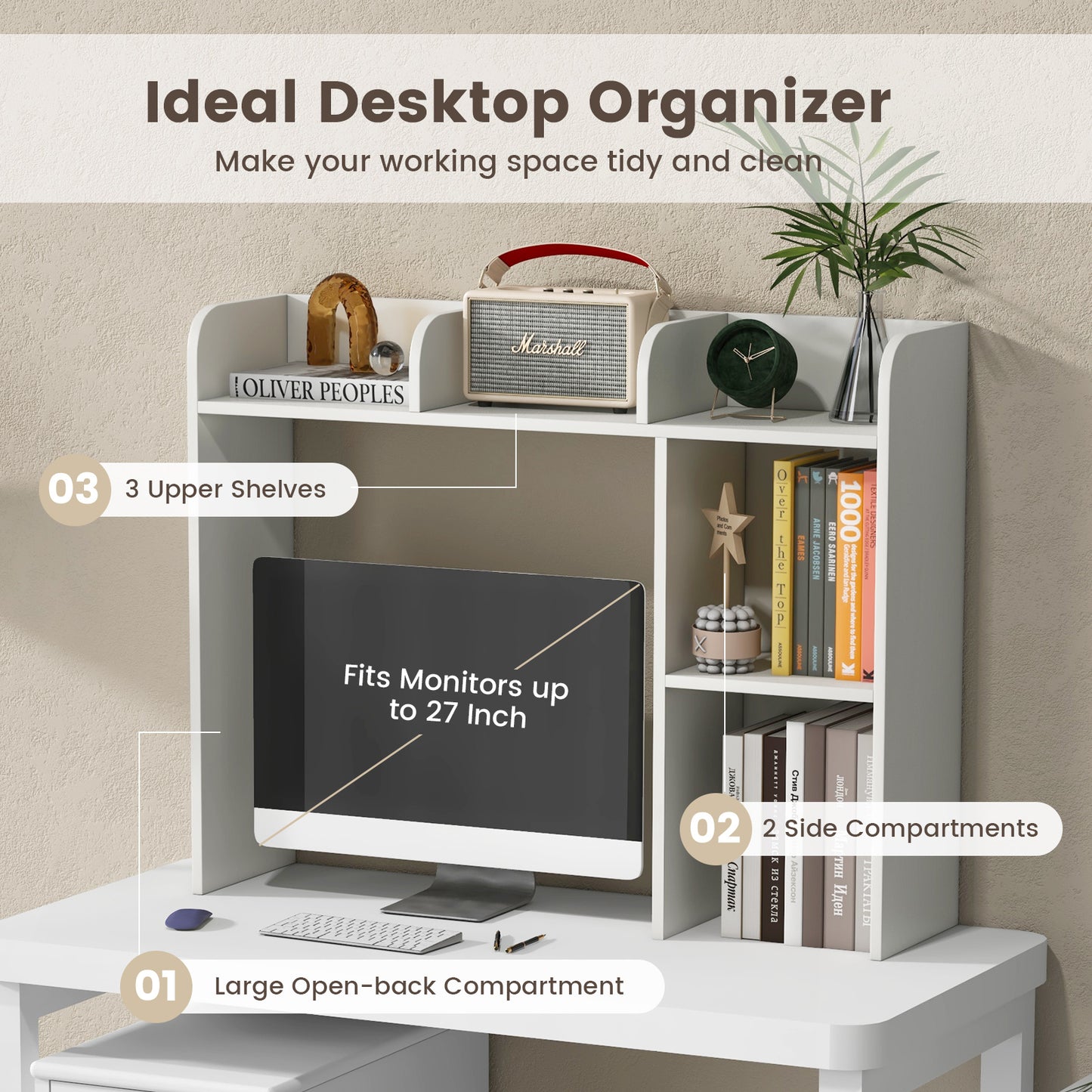 3-Tier Multipurpose Desk Bookshelf with 4 Shelves-White Kids Crystal