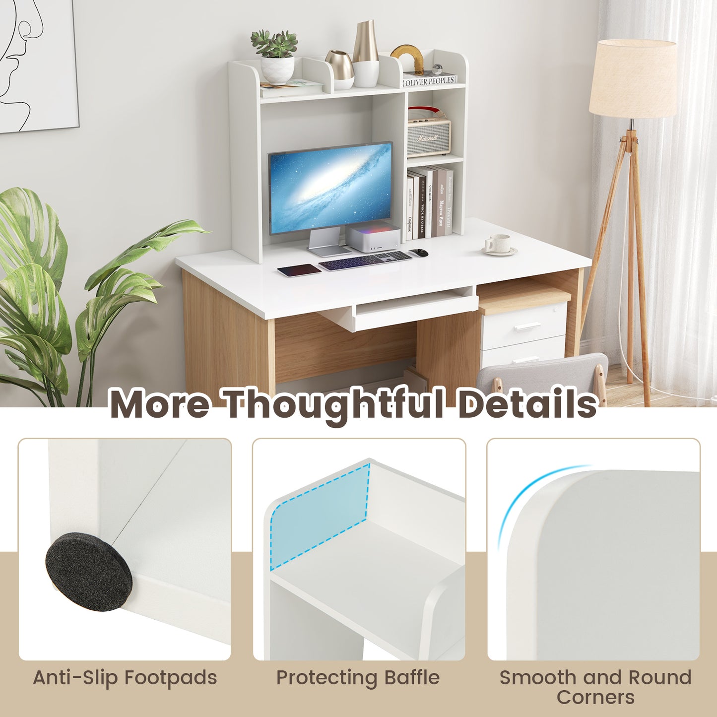 3-Tier Multipurpose Desk Bookshelf with 4 Shelves-White Kids Crystal