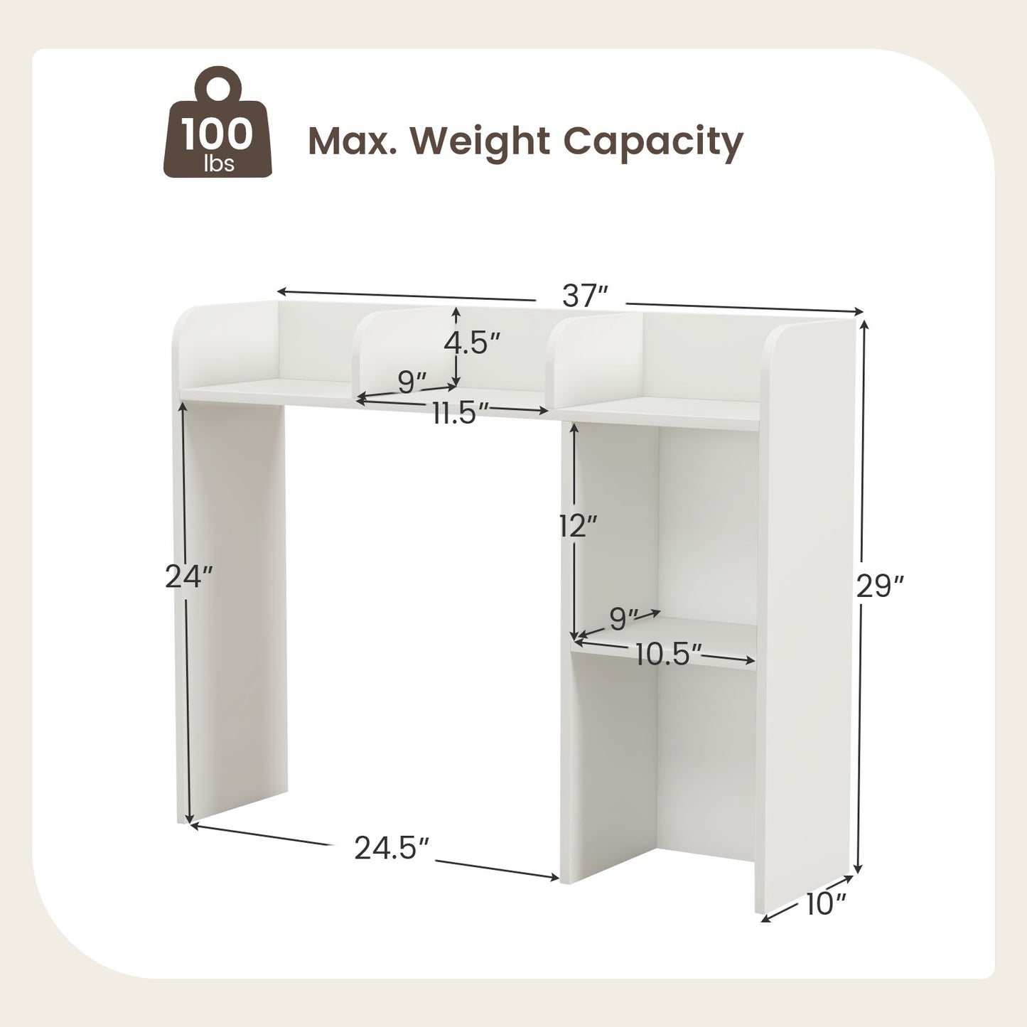 3-Tier Multipurpose Desk Bookshelf with 4 Shelves-White Kids Crystal