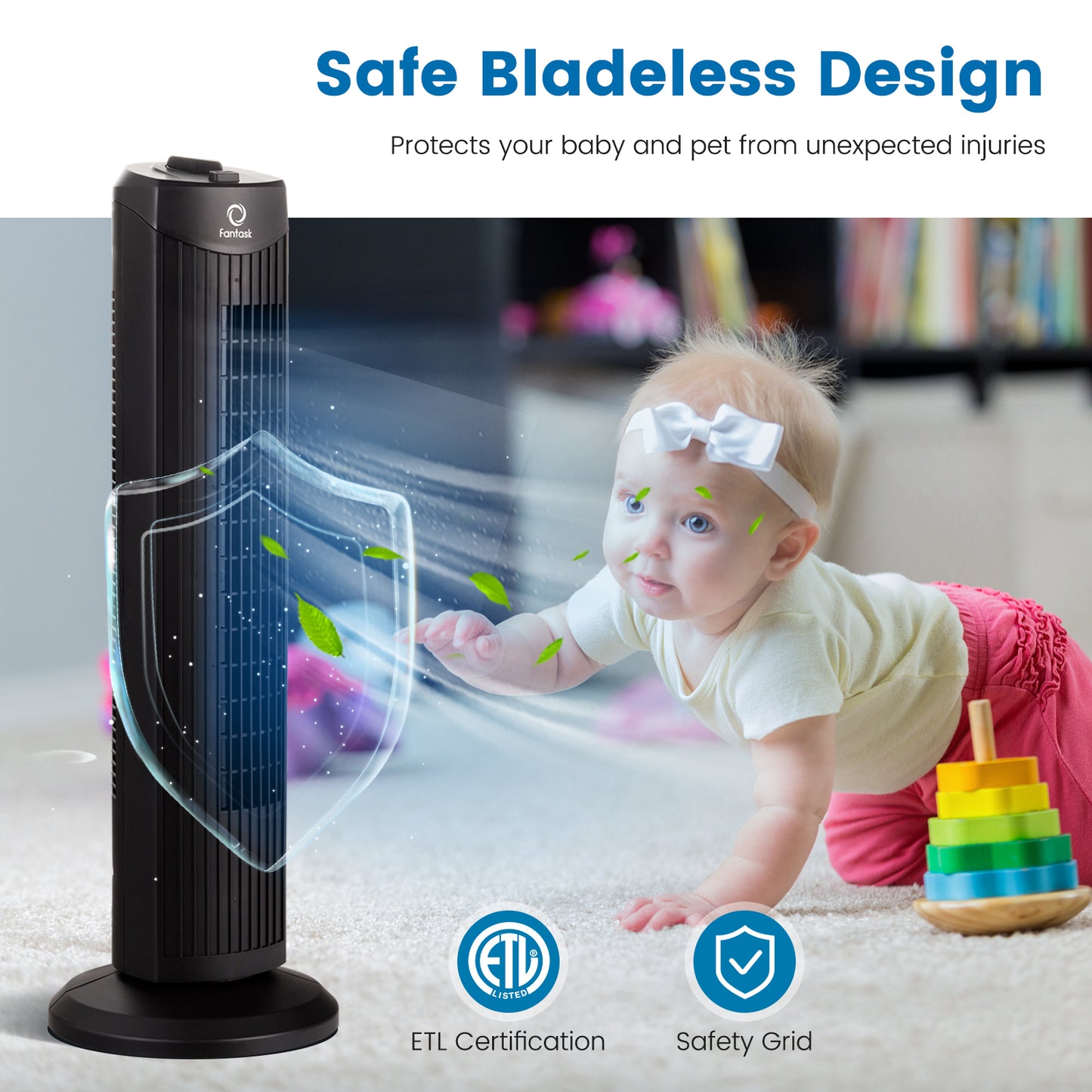 Fantask 35W 28 Inch Quiet Bladeless Oscillating Tower Fan-Black Kids Crystal