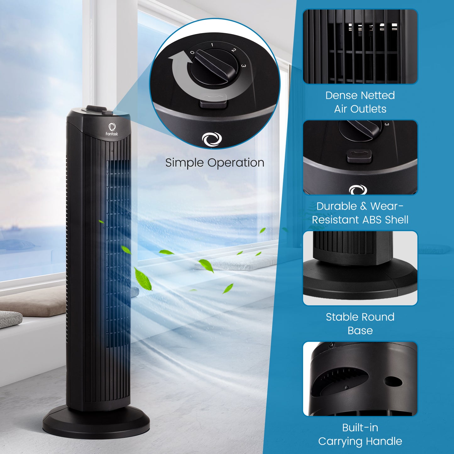 Fantask 35W 28 Inch Quiet Bladeless Oscillating Tower Fan-Black Kids Crystal