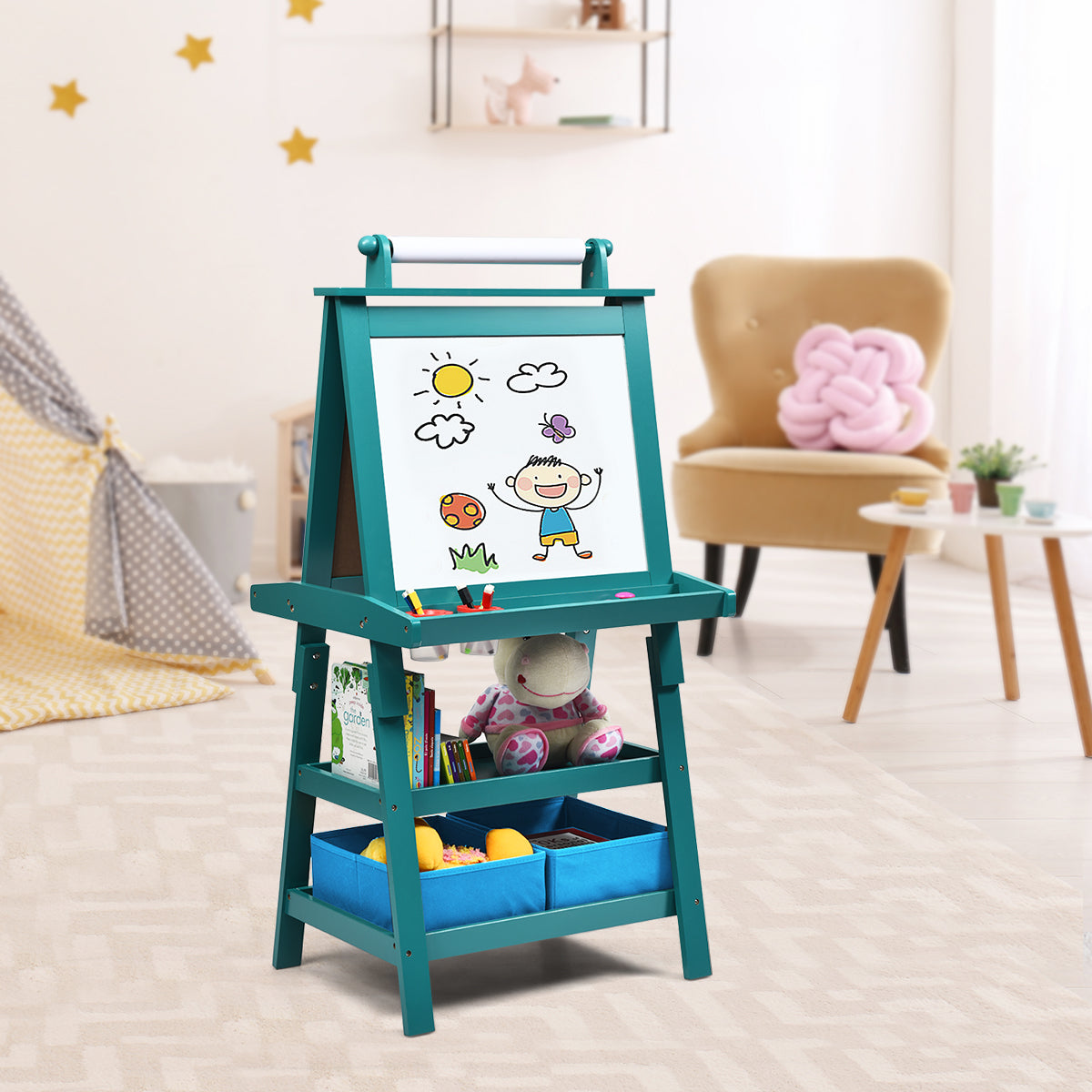 3 in 1 Double-Sided Storage Art Easel-Green Kids Crystal