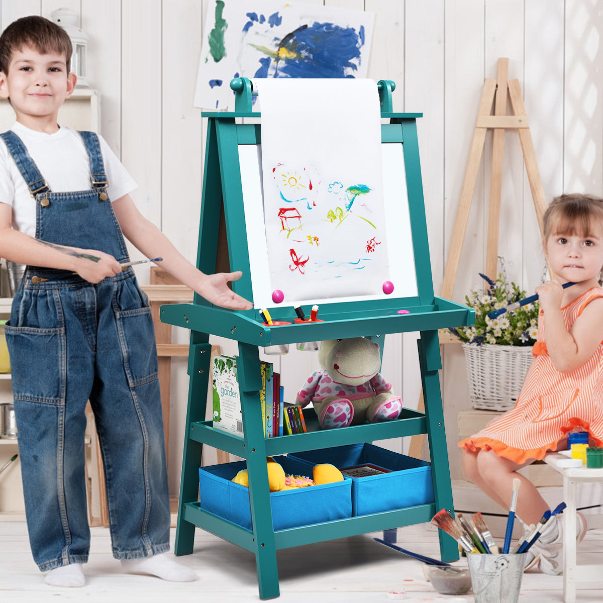 3 in 1 Double-Sided Storage Art Easel-Green Kids Crystal