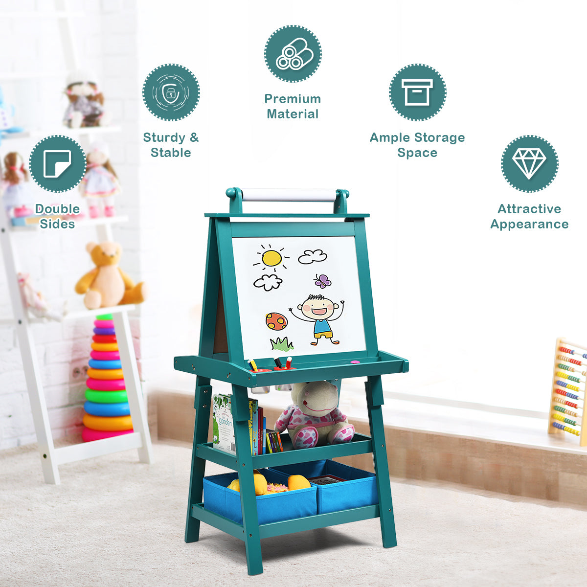3 in 1 Double-Sided Storage Art Easel-Green Kids Crystal