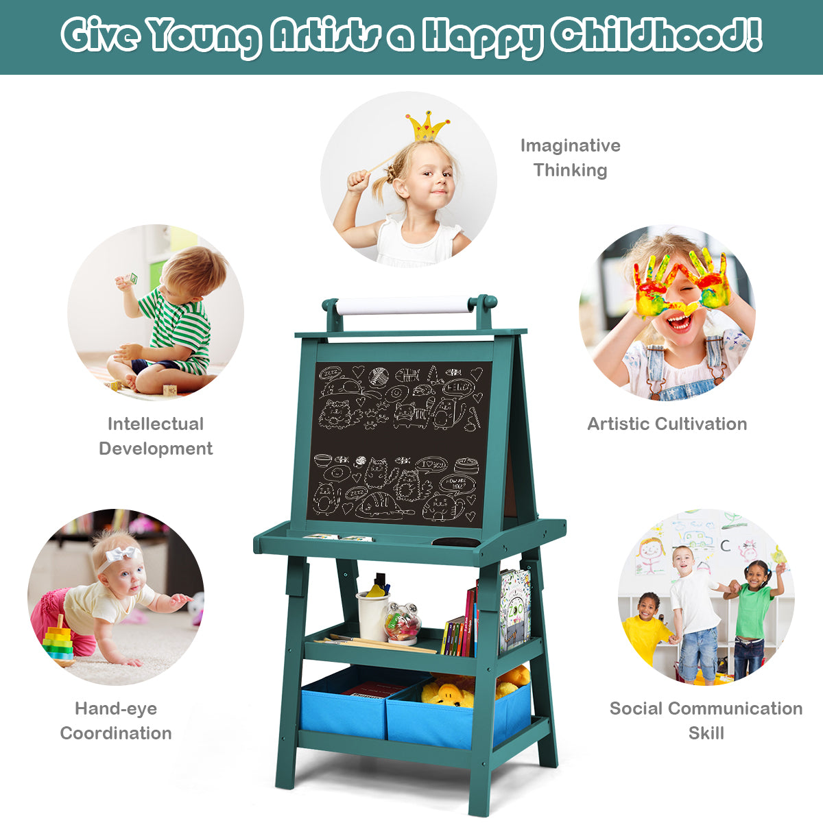 3 in 1 Double-Sided Storage Art Easel-Green Kids Crystal