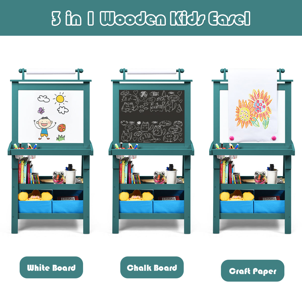 3 in 1 Double-Sided Storage Art Easel-Green Kids Crystal