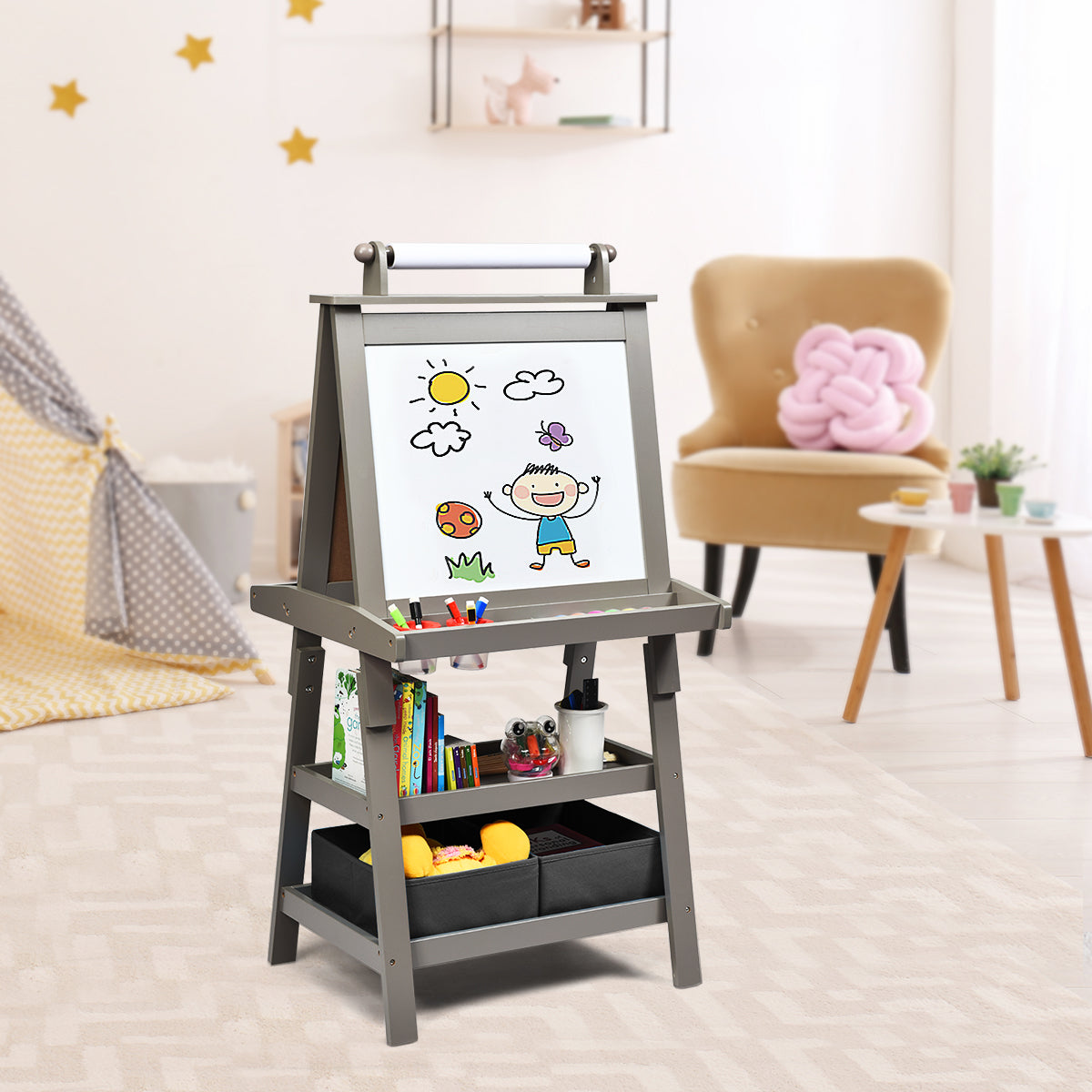 3 in 1 Double-Sided Storage Art Easel-Gray Kids Crystal