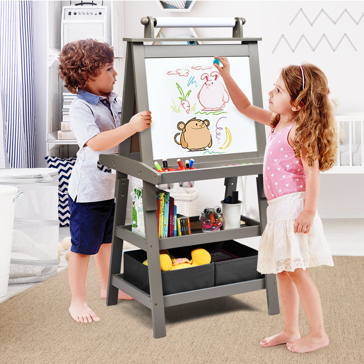 3 in 1 Double-Sided Storage Art Easel-Gray Kids Crystal