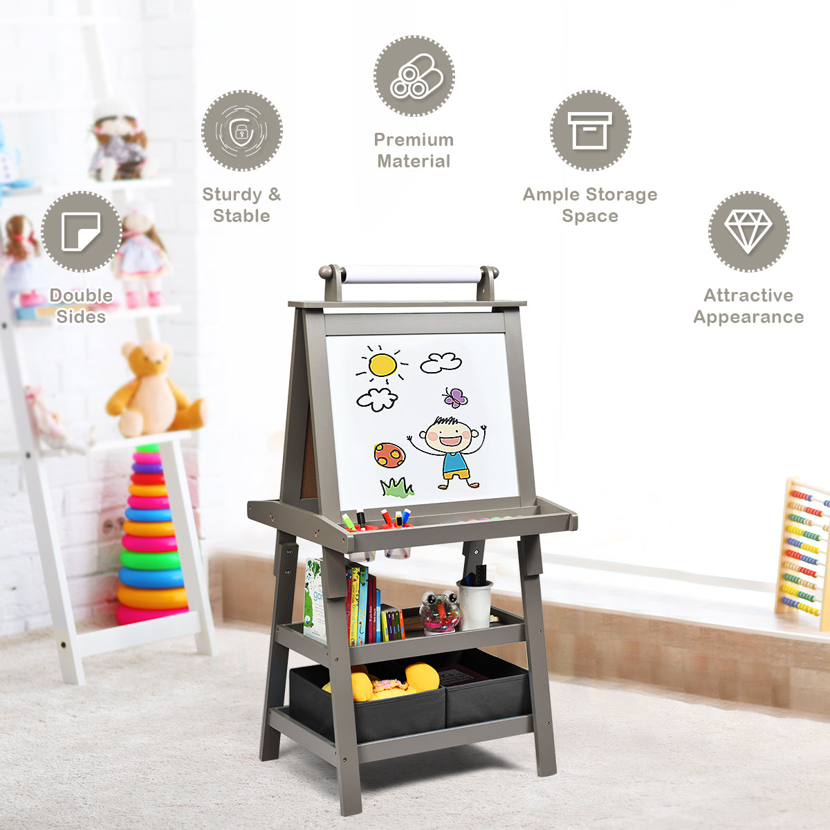 3 in 1 Double-Sided Storage Art Easel-Gray Kids Crystal