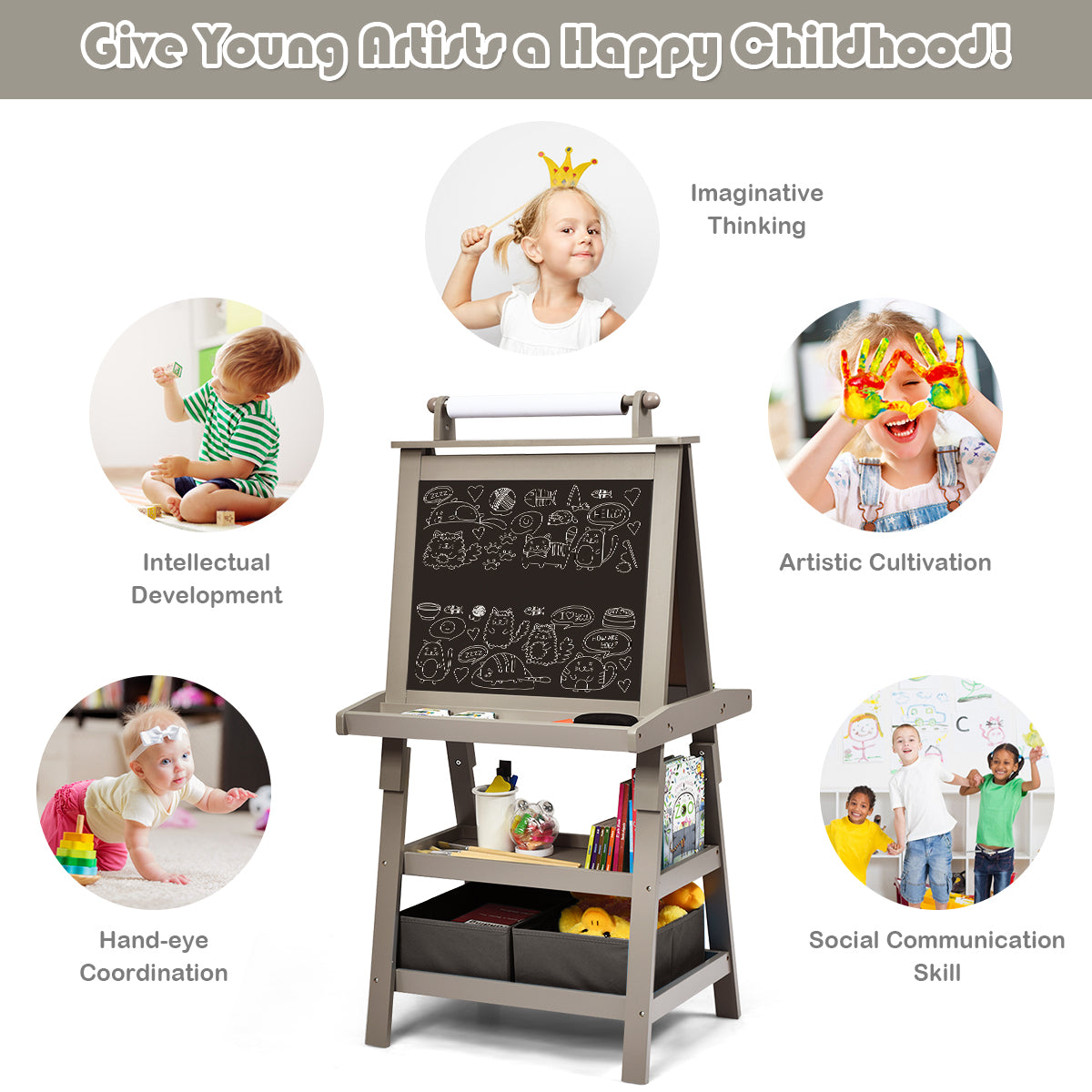 3 in 1 Double-Sided Storage Art Easel-Gray Kids Crystal