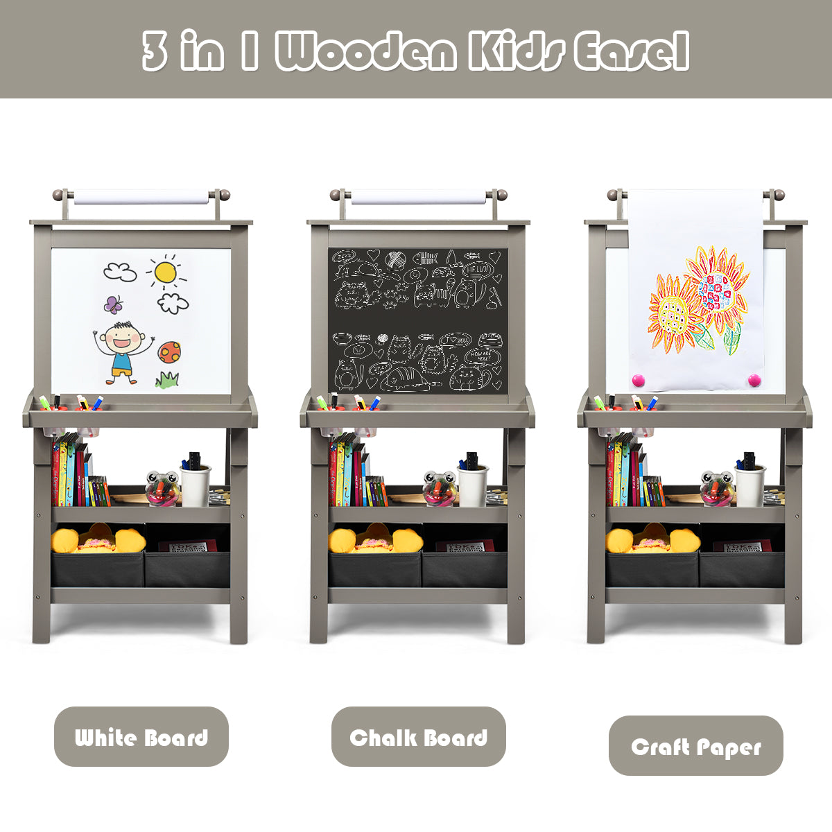 3 in 1 Double-Sided Storage Art Easel-Gray Kids Crystal