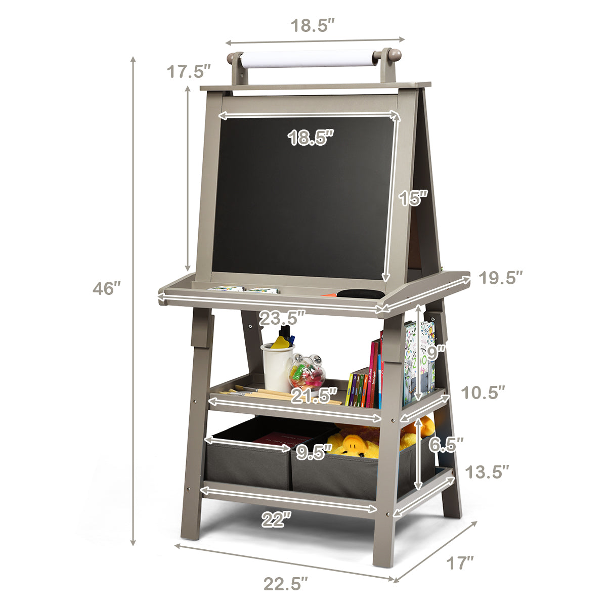 3 in 1 Double-Sided Storage Art Easel-Gray Kids Crystal