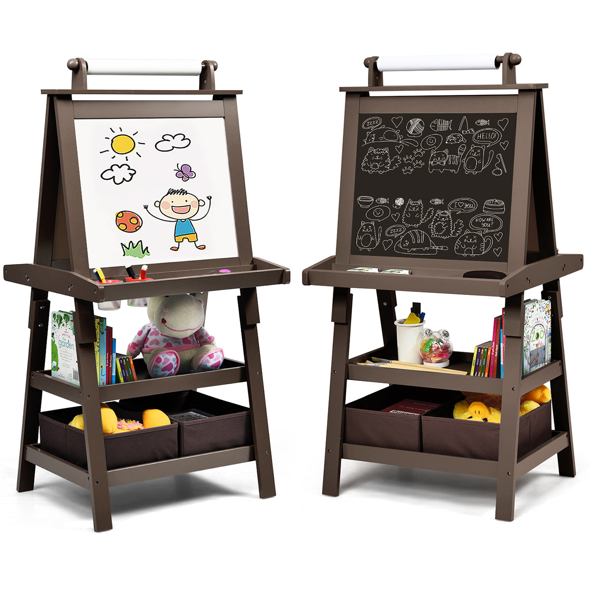 3 in 1 Double-Sided Storage Art Easel-Brown Kids Crystal