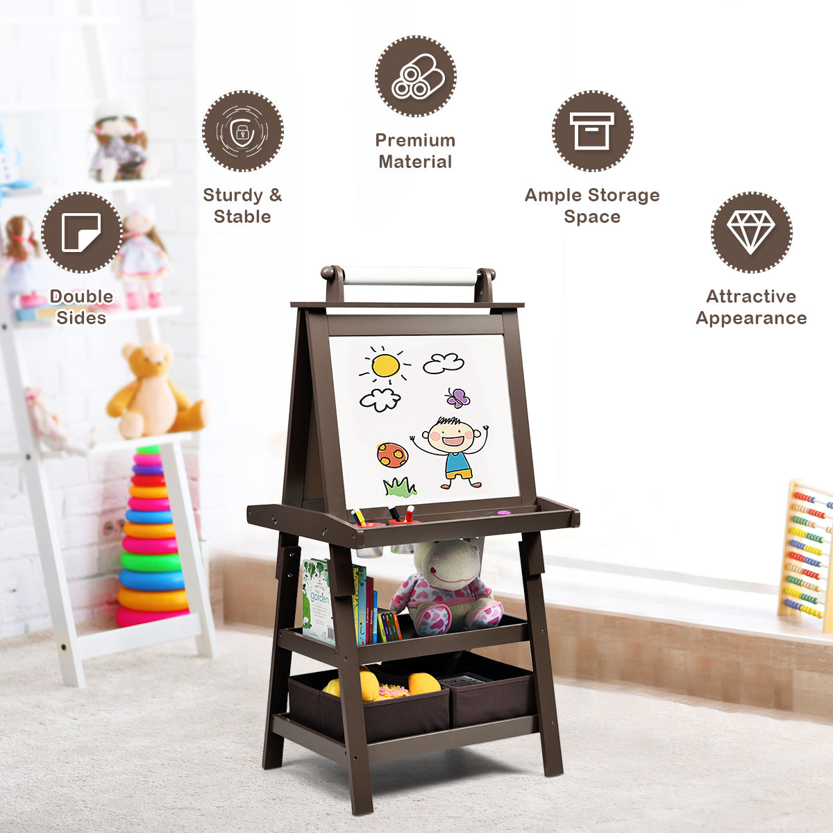 3 in 1 Double-Sided Storage Art Easel-Brown Kids Crystal