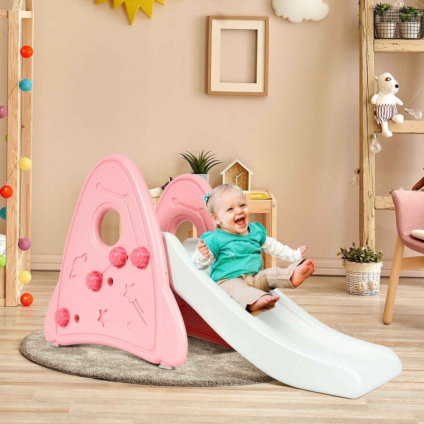 Freestanding Baby Slide Indoor First Play Climber Slide Set for Boys Girls-Pink Kids Crystal